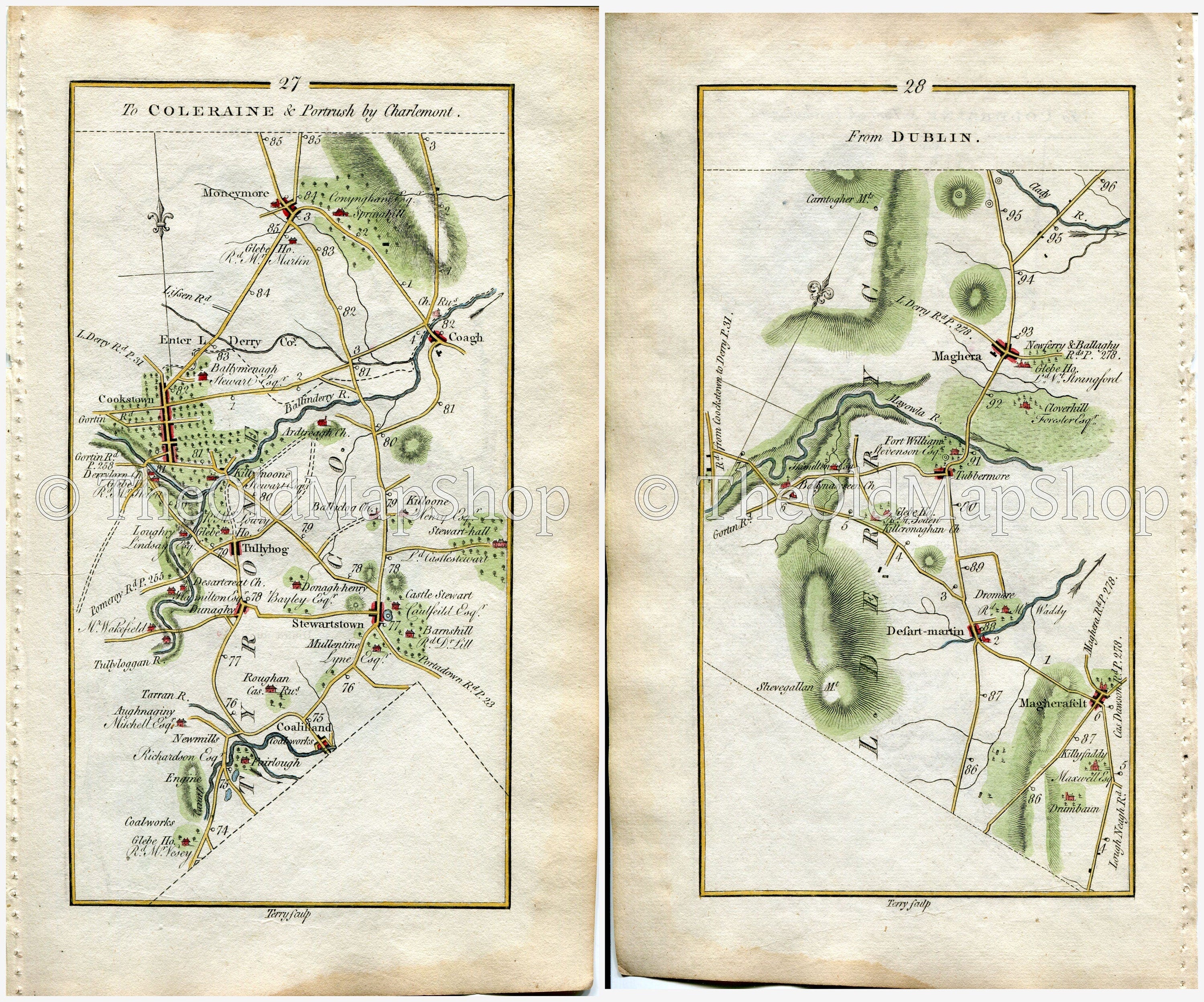 1778 Taylor & Skinner Antique Ireland Road Map 27/28 Coalisland Newmills Stewartstown Tullyhogue Cookstown Coagh Moneymore Tobermore Maghera