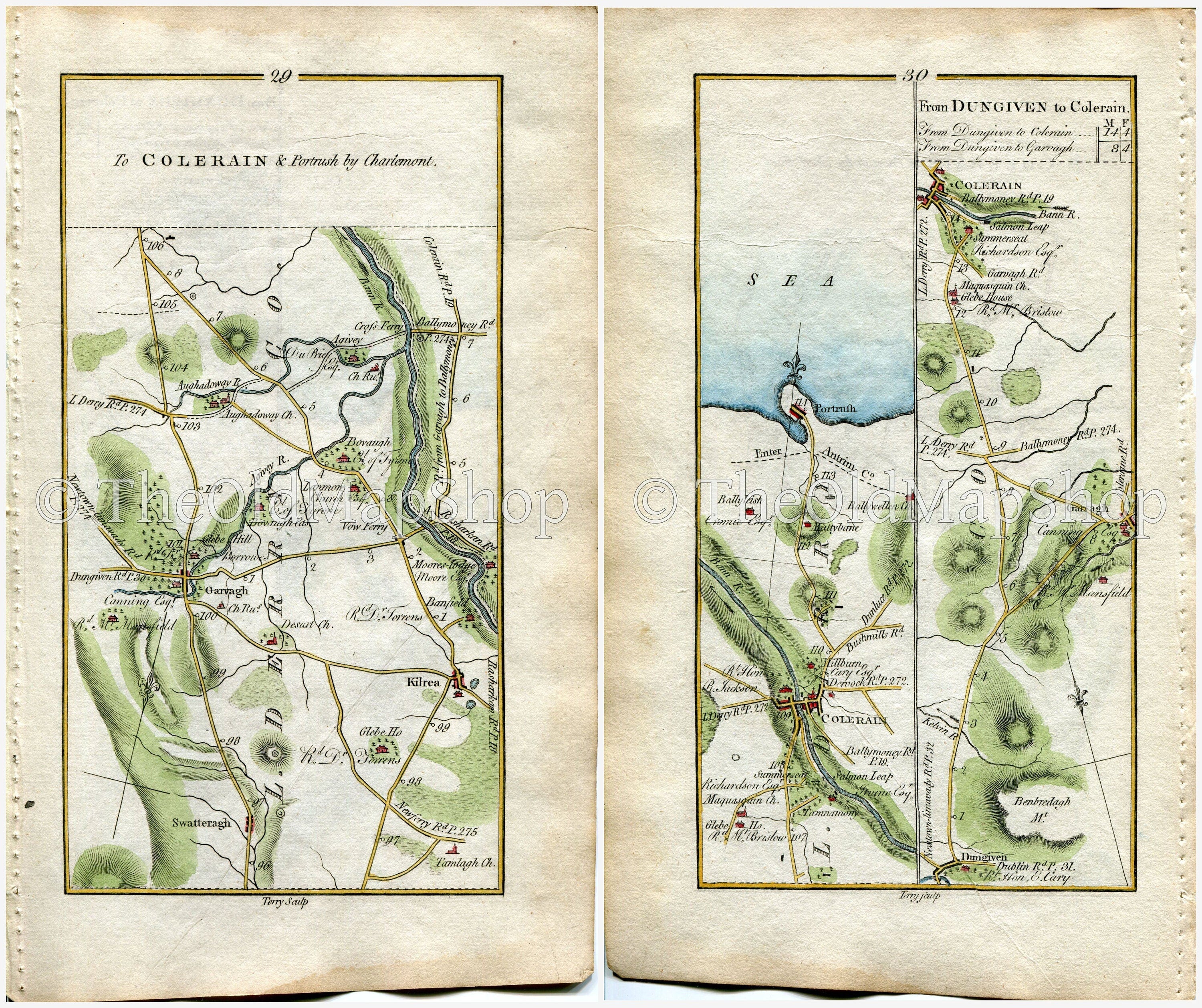 1778 Taylor & Skinner Antique Ireland Road Map 29/30 Garvagh Swatragh Kilrea Aghadowey Agivey Coleraine Portrush Dungiven County Londonderry