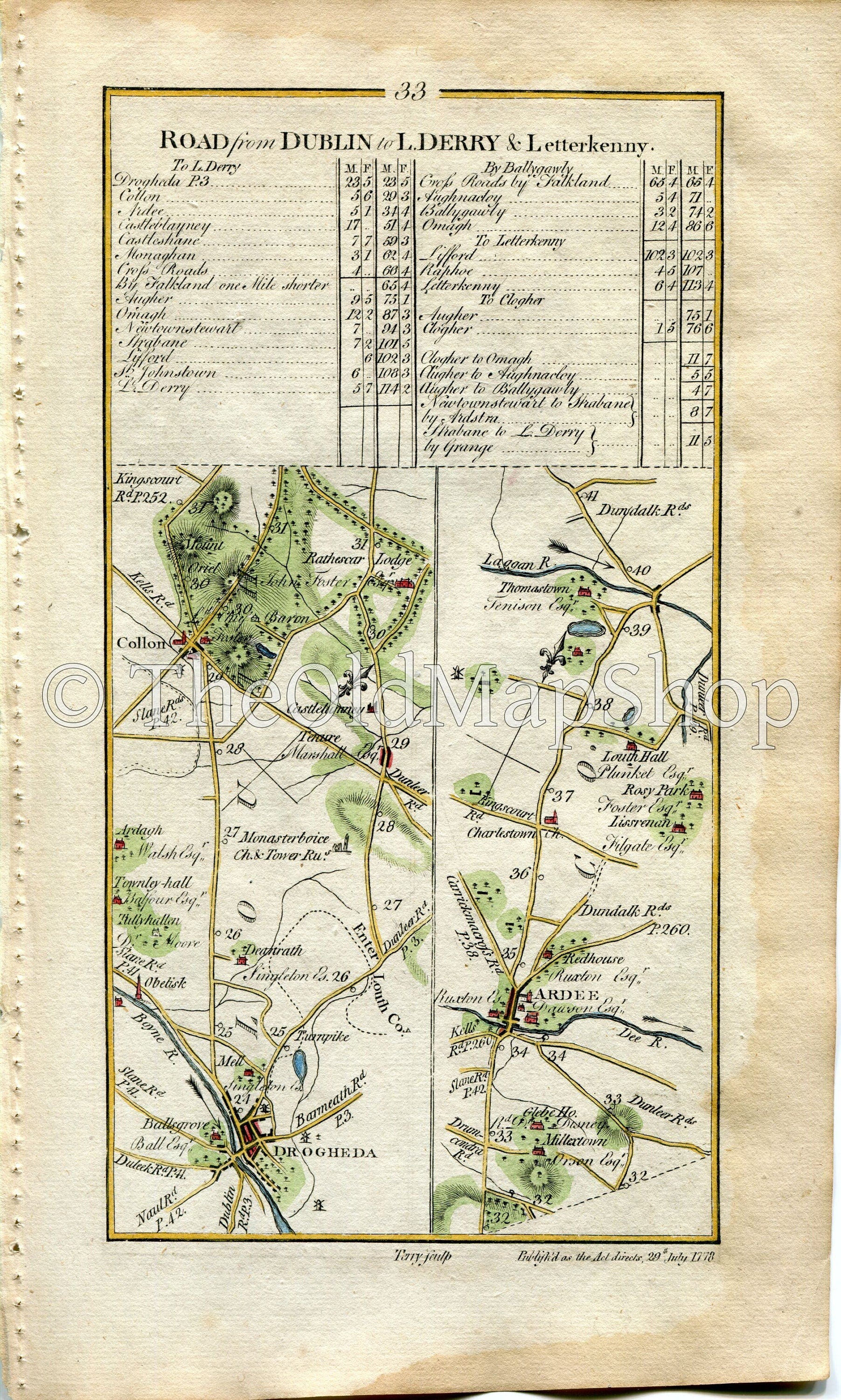 1778 Taylor & Skinner Antique Ireland Road Map 33/34 Tullyallen Drogheda Collon Ardee Tallanstown Rahans Donaghmoyne Castleblayney Monoghan