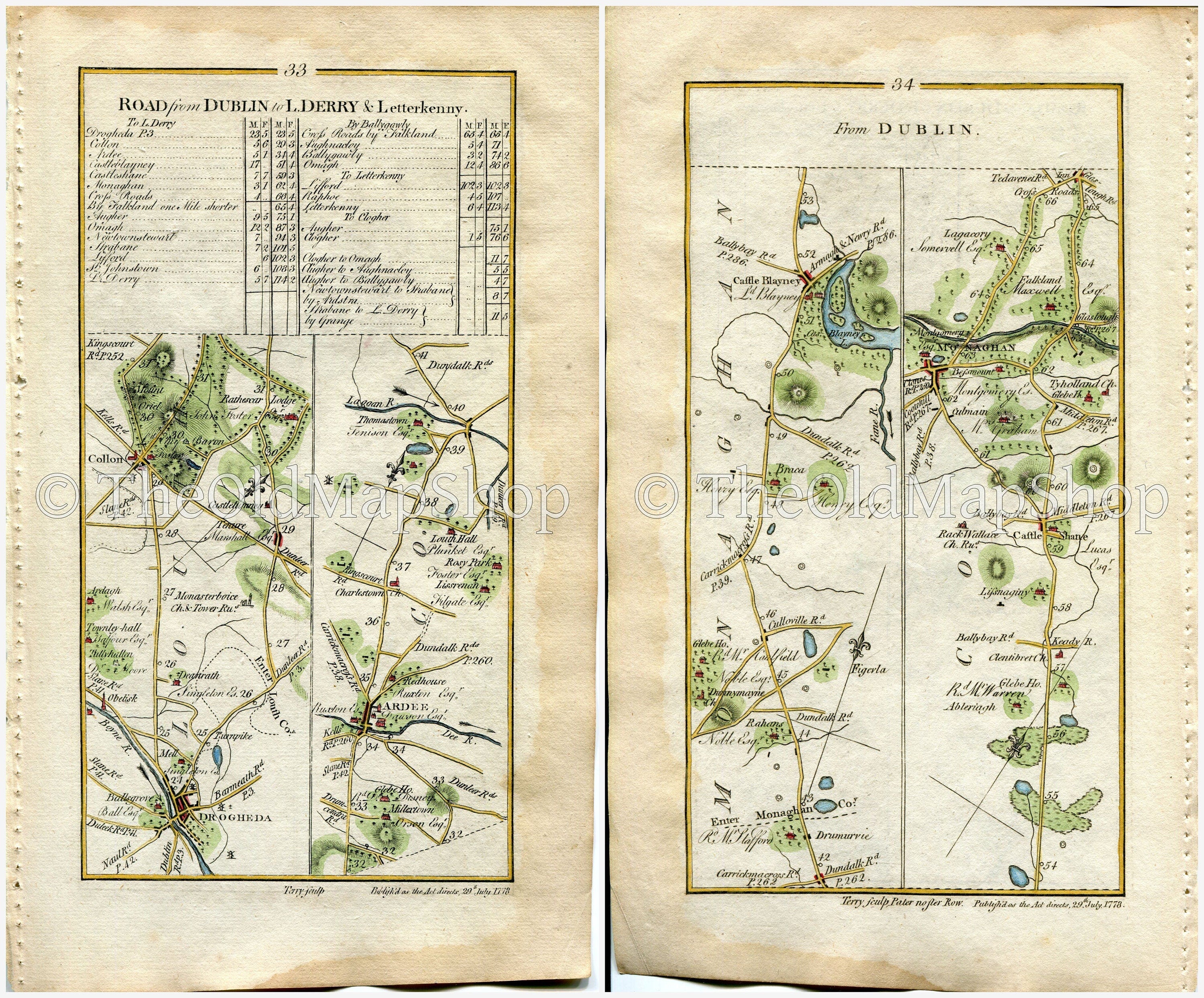 1778 Taylor & Skinner Antique Ireland Road Map 33/34 Tullyallen Drogheda Collon Ardee Tallanstown Rahans Donaghmoyne Castleblayney Monoghan