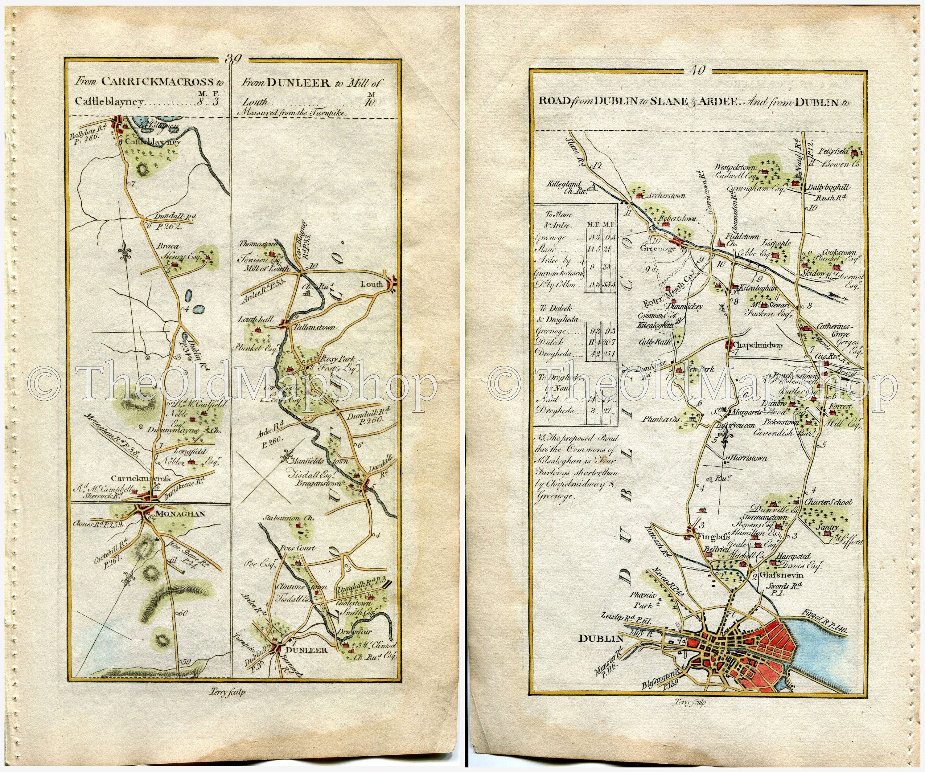 1778 Taylor & Skinner Antique Ireland Road Map 39/40 Castleblayney Monaghan Dunleer Stabannan Tallanstown Louth Dublin Finglas Kilsallaghan