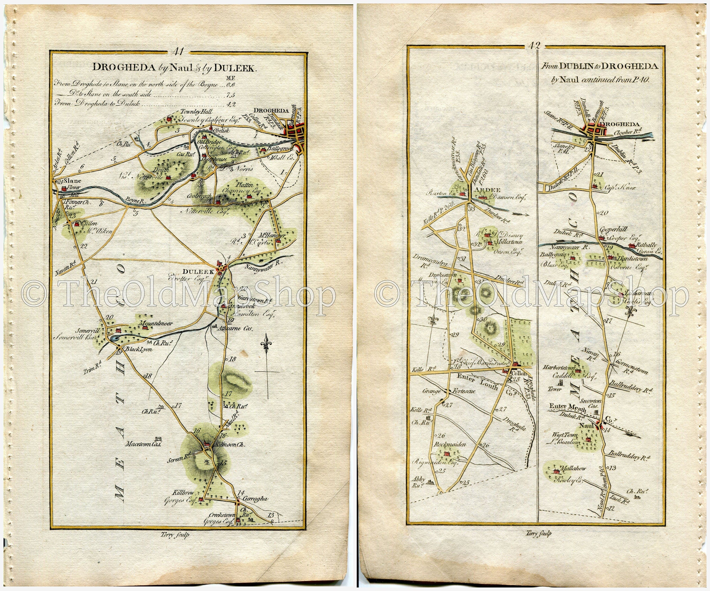 1778 Taylor & Skinner Antique Ireland Road Map 41/42 Dunleek Curragha Somerville Slane Drogheda Collon Ardee Naul County Meath