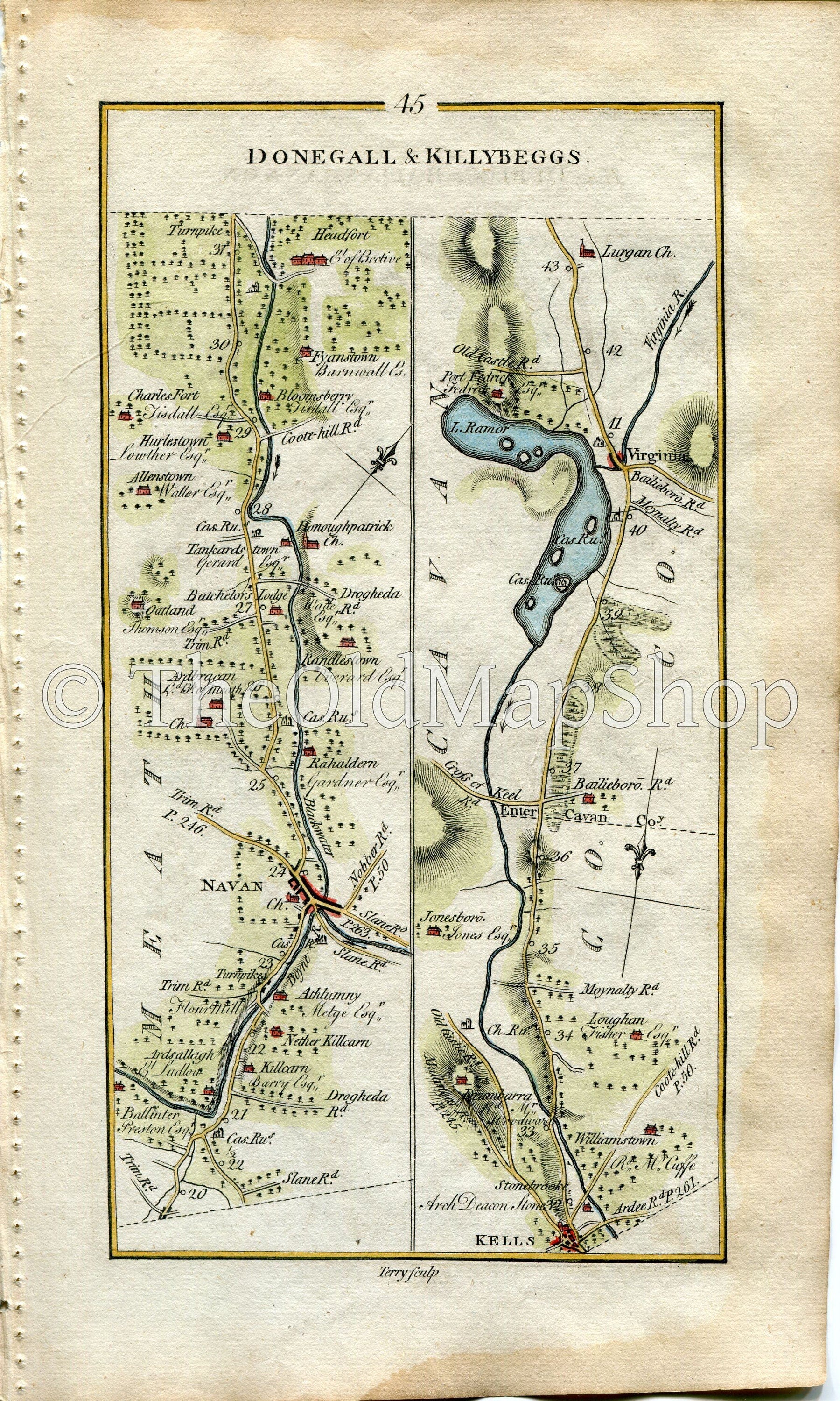 1778 Taylor & Skinner Antique Ireland Road Map 45/46 Navan Ardsallagh Kells Virginia Lough Ramor Ballyjamesduff Butlers Bridge Newtownbutler