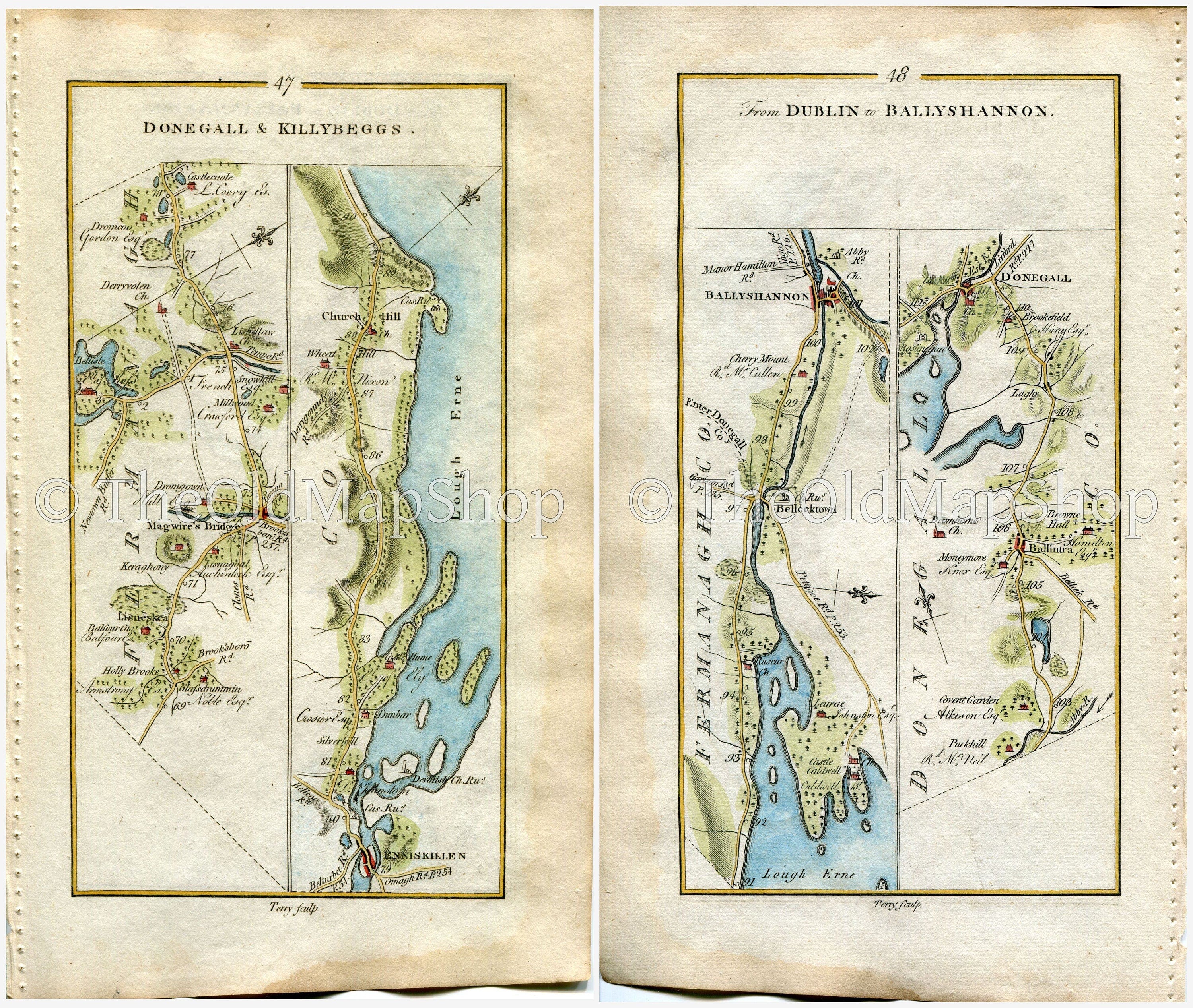 1778 Taylor & Skinner Antique Ireland Road Map 47/48 Lisnaske Maguiresbridge Lisbellaw Enniskillen Churchill Rosscor Ballyshannon Ballintra