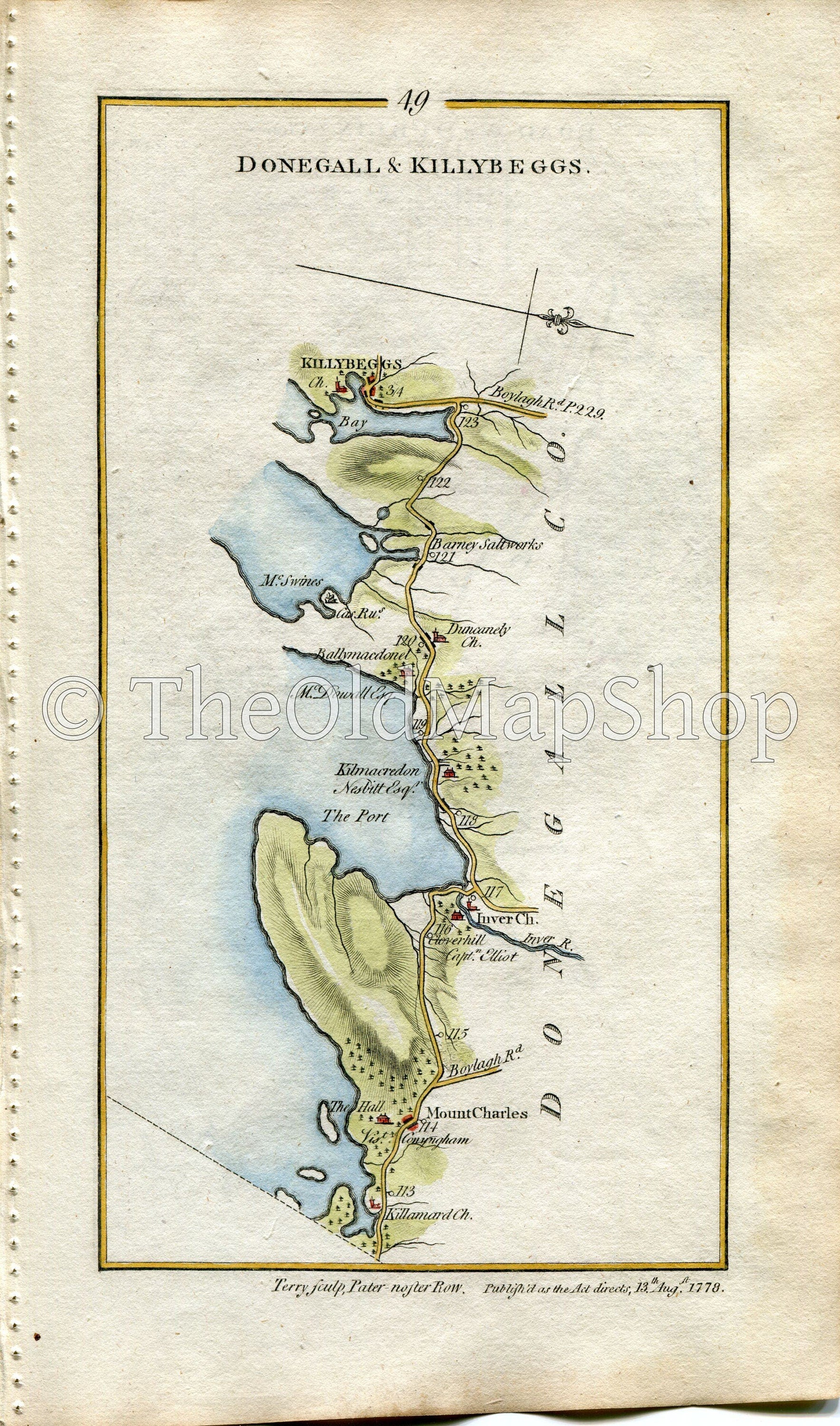 1778 Taylor & Skinner Antique Ireland Road Map 49/50 Mountcharles Inver Killybegs Navan Donaghpatrick Kells Castletown Kilpatrick Nobber