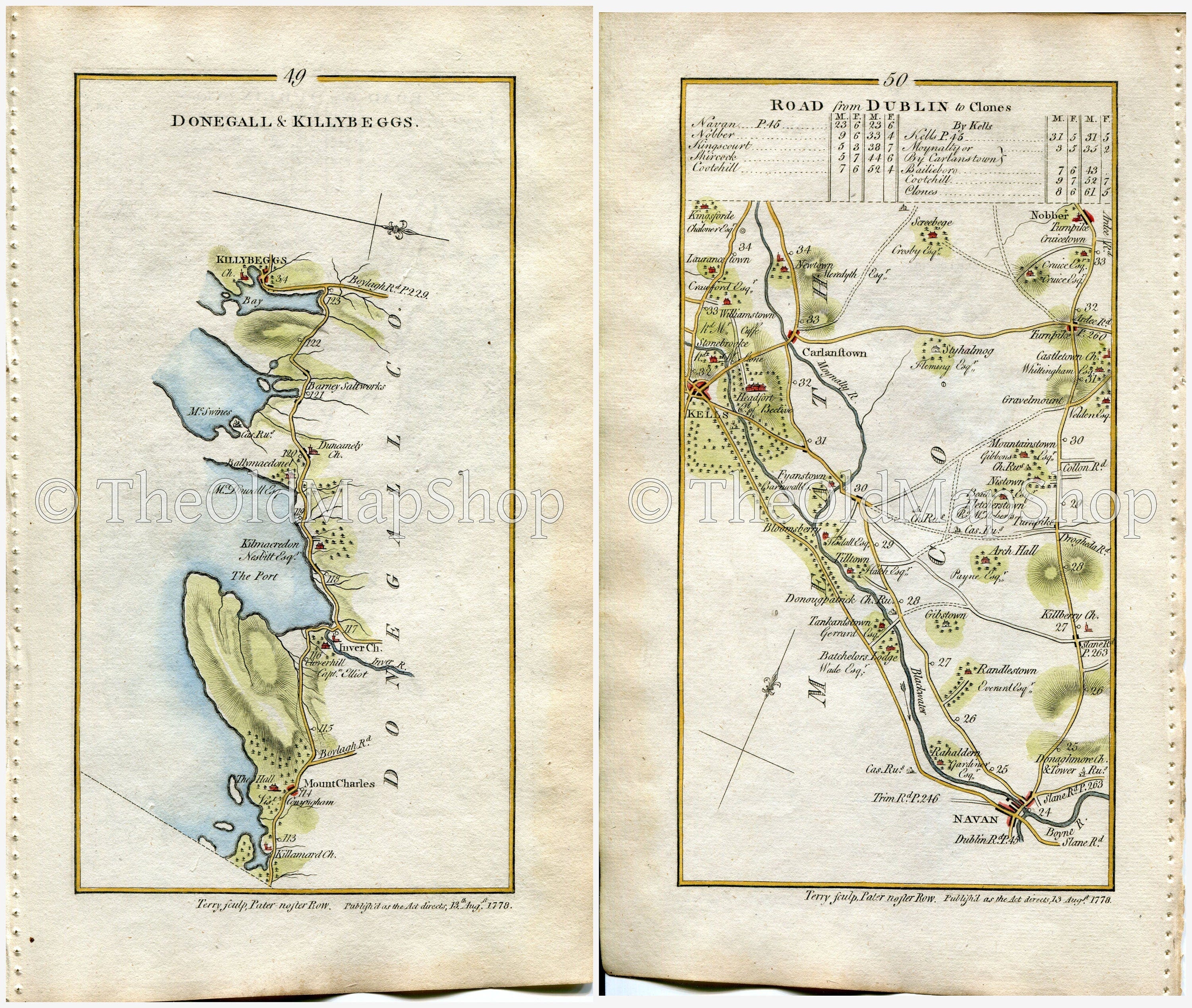 1778 Taylor & Skinner Antique Ireland Road Map 49/50 Mountcharles Inver Killybegs Navan Donaghpatrick Kells Castletown Kilpatrick Nobber