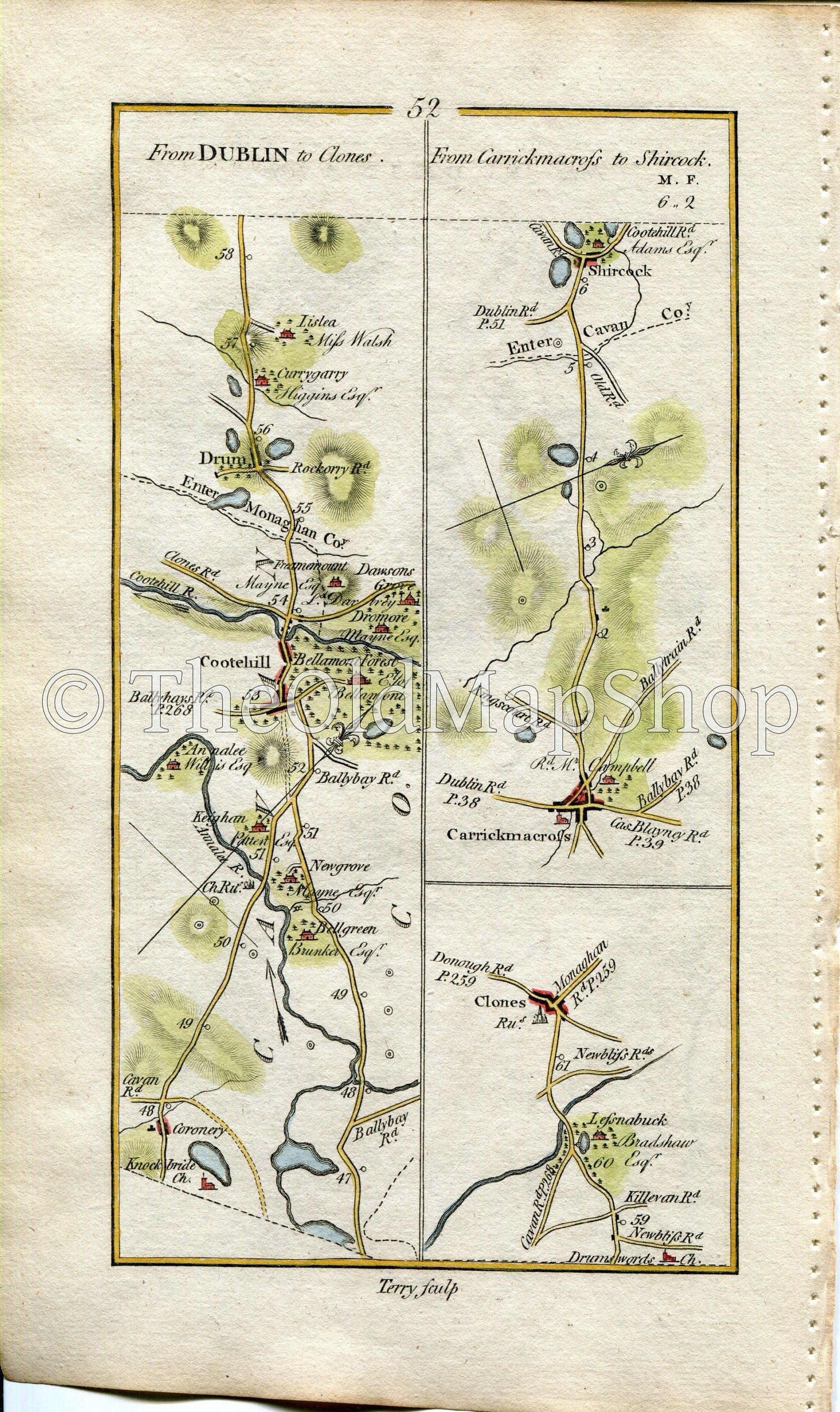 1778 Taylor & Skinner Antique Ireland Road Map 51/52 Moynalty Bailieborough Kingscourt Shercock Drum Clones Carrickmacross Monaghan Meath