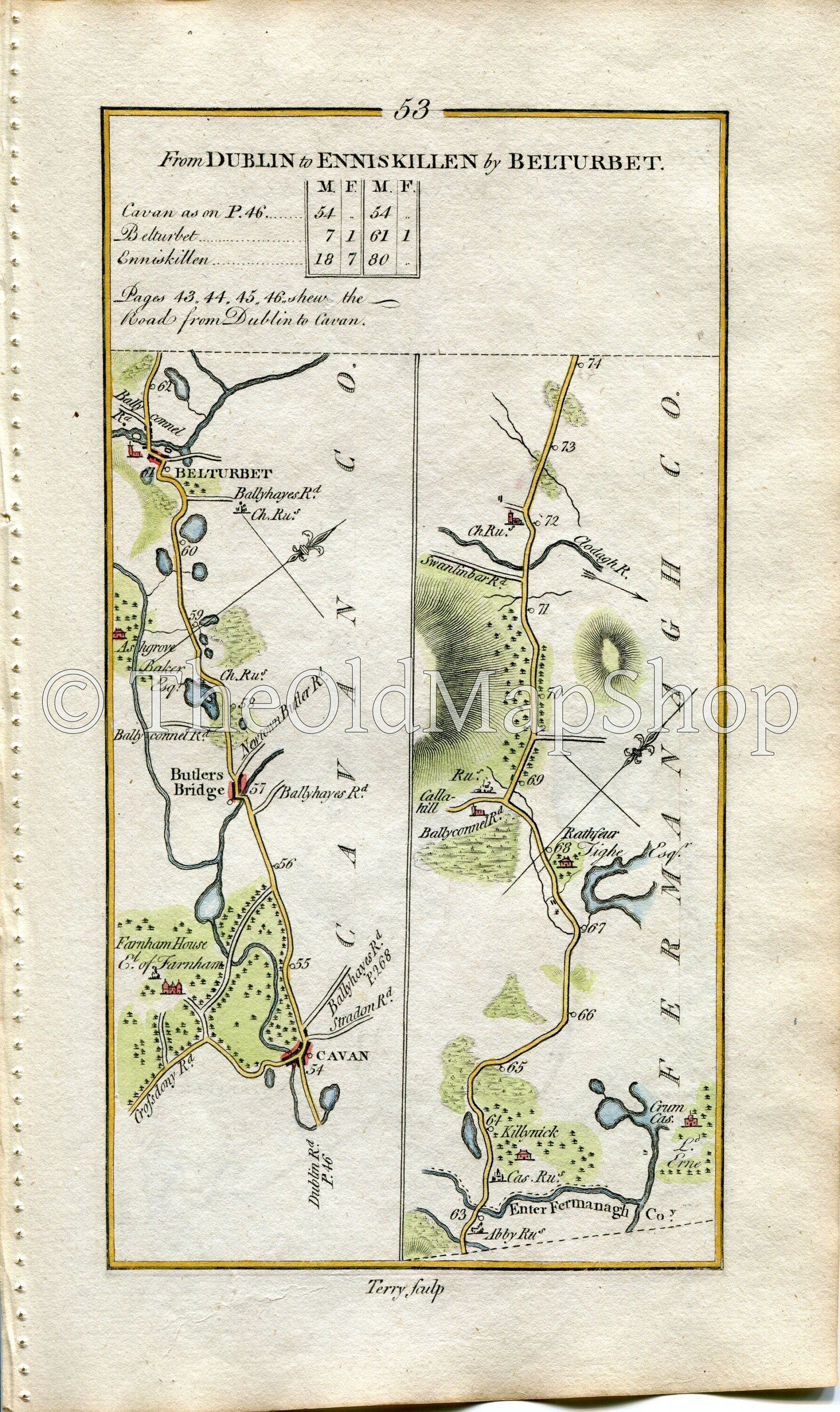 1778 Taylor & Skinner Antique Ireland Road Map 53/54 Cavan, Butlers Bridge, Belturbet, Enniskillen, Belcoo, Blacklion, County Fermanagh
