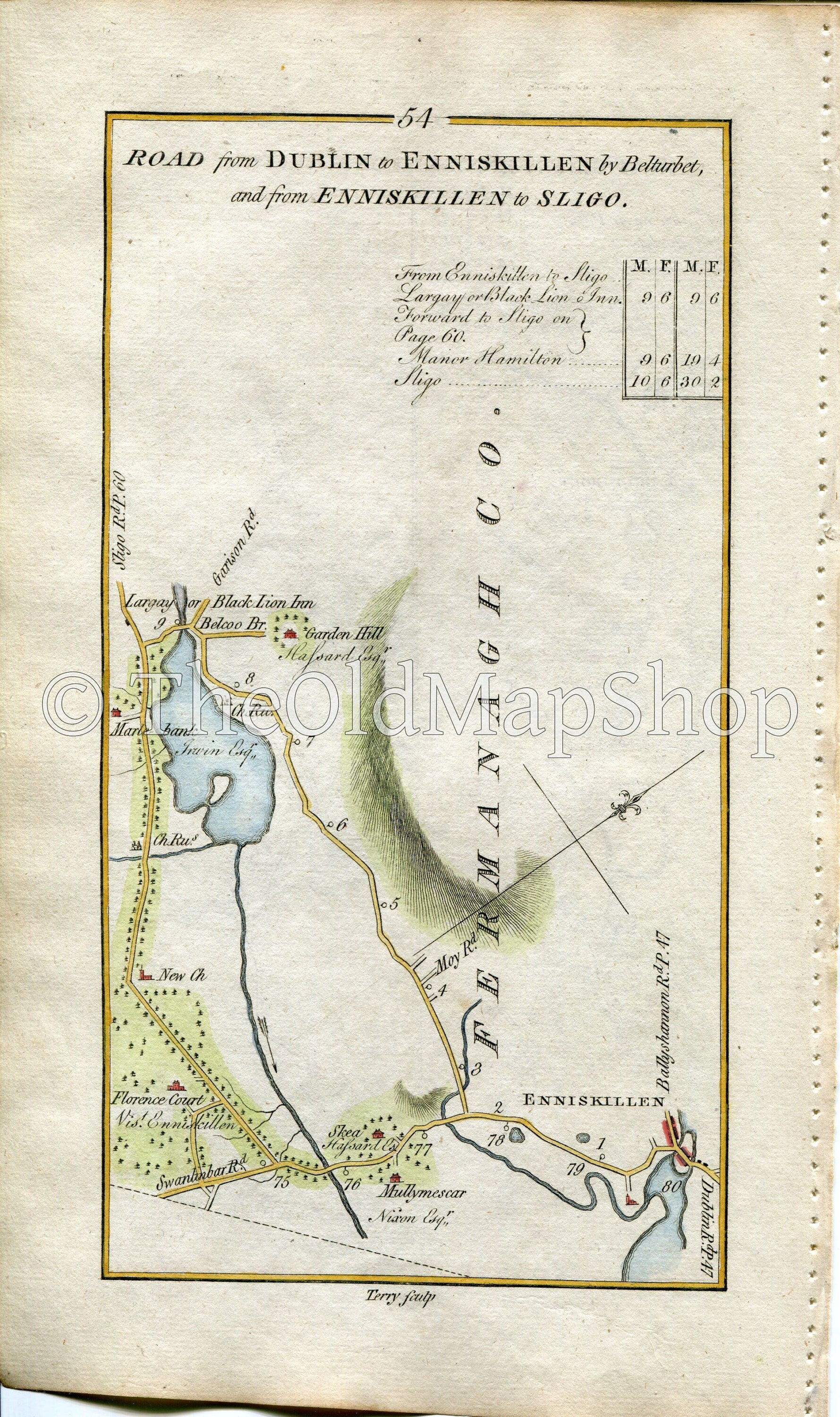 1778 Taylor & Skinner Antique Ireland Road Map 53/54 Cavan, Butlers Bridge, Belturbet, Enniskillen, Belcoo, Blacklion, County Fermanagh