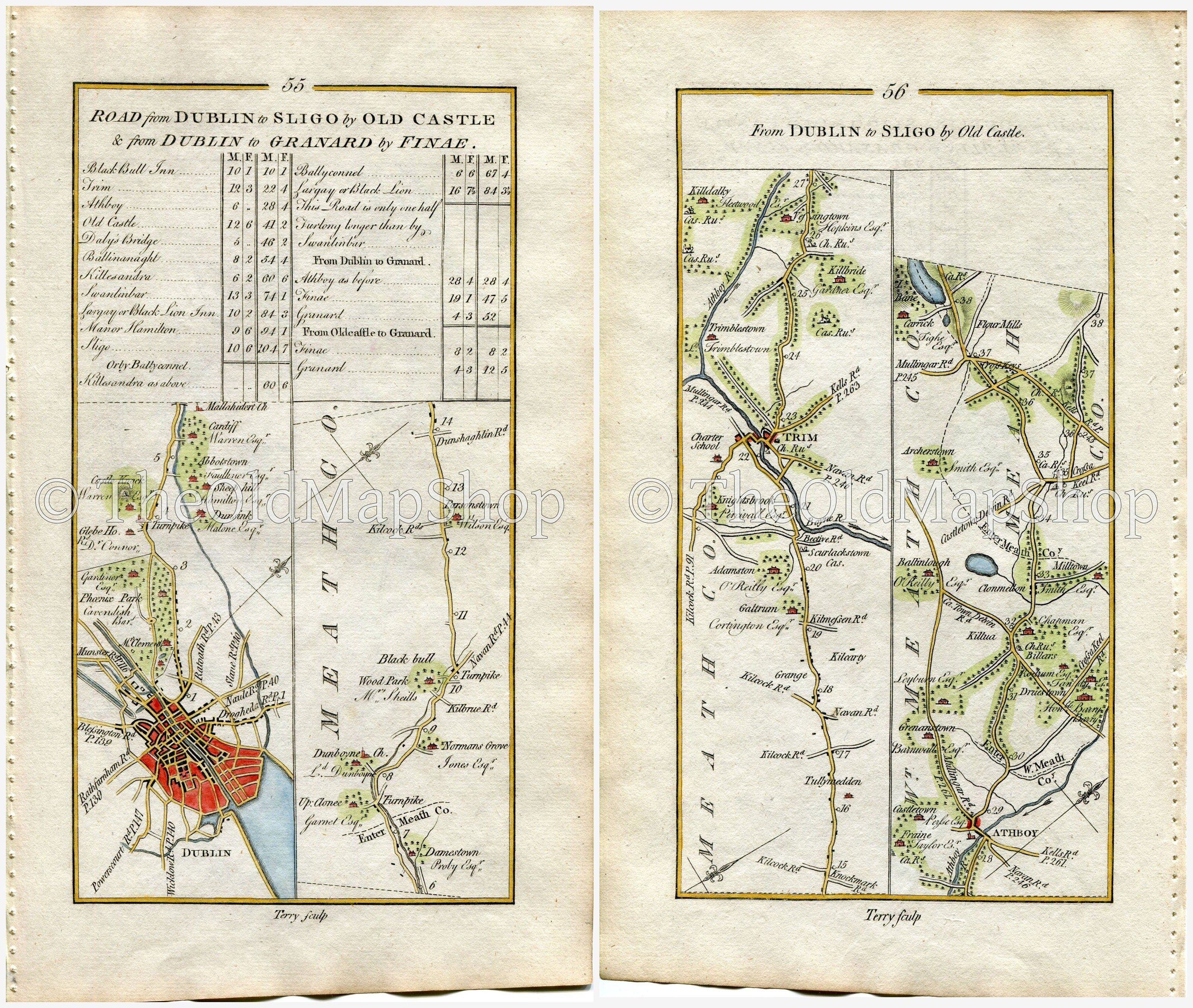 1778 Taylor & Skinner Antique Ireland Road Map 55/56 Abbotstown Dublin Damastown Dunboyne Parsonstown Trim Trimblestown Kildalkey Westmeath