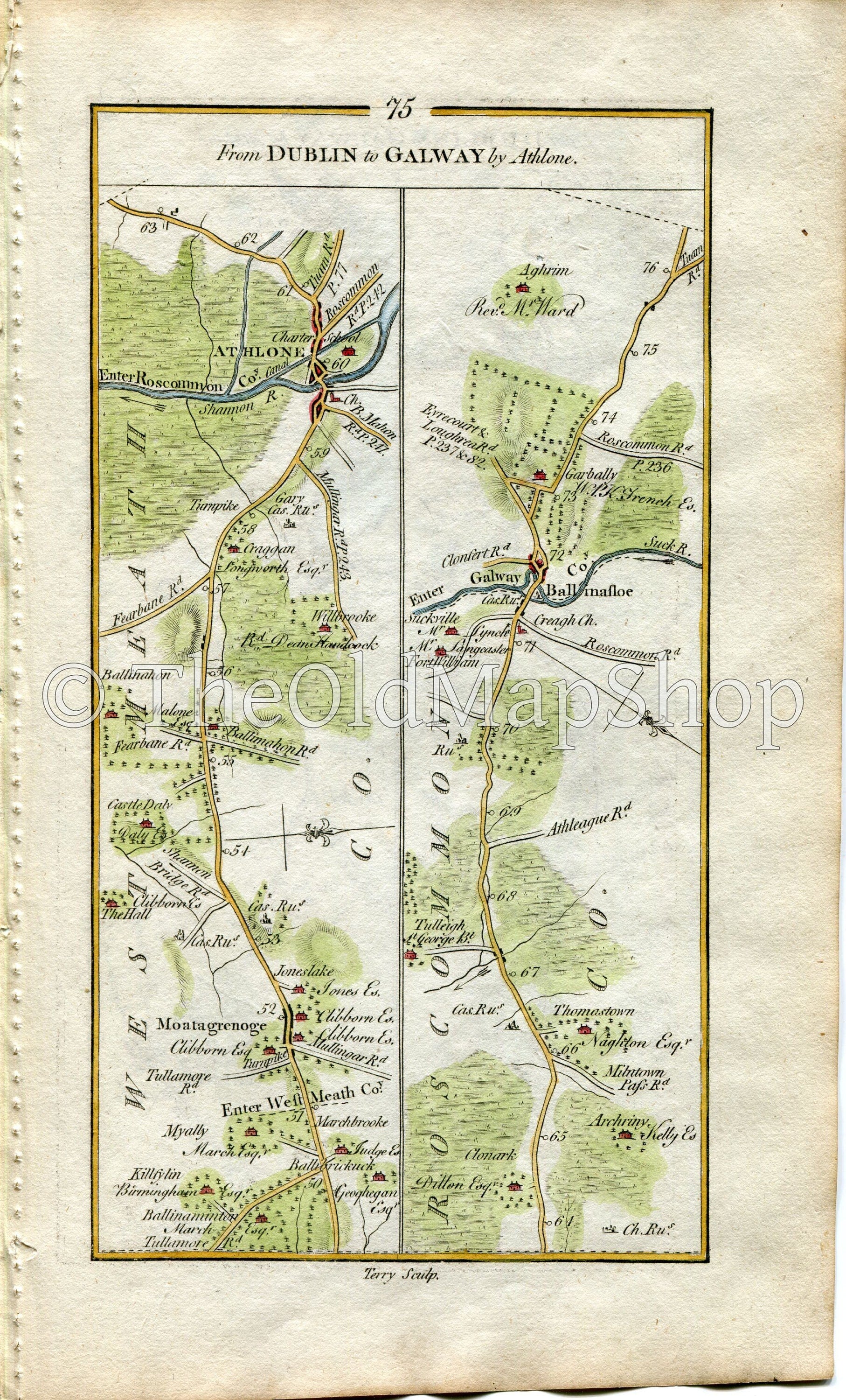 1778 Taylor & Skinner Antique Ireland Road Map 75/76 Moate Castledaly Athlone Ballinasloe Aughrim Kilconnell Athenry Oranmore Galway