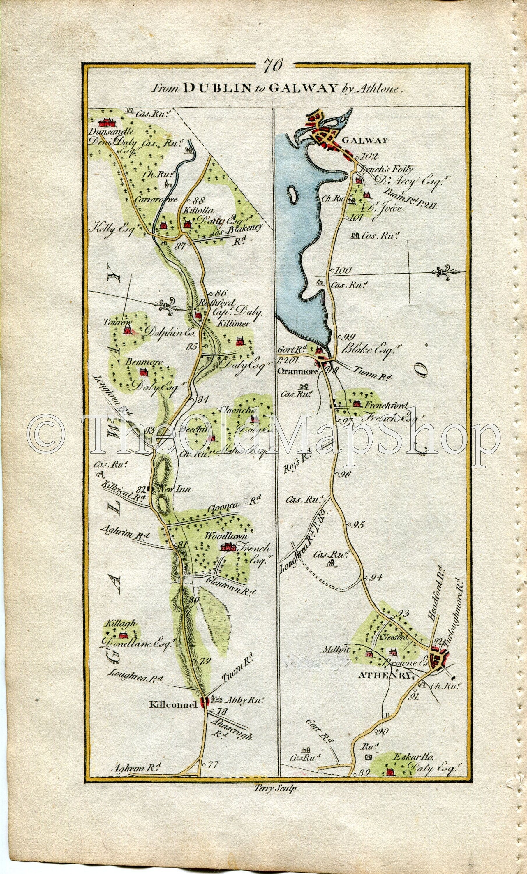 1778 Taylor & Skinner Antique Ireland Road Map 75/76 Moate Castledaly Athlone Ballinasloe Aughrim Kilconnell Athenry Oranmore Galway