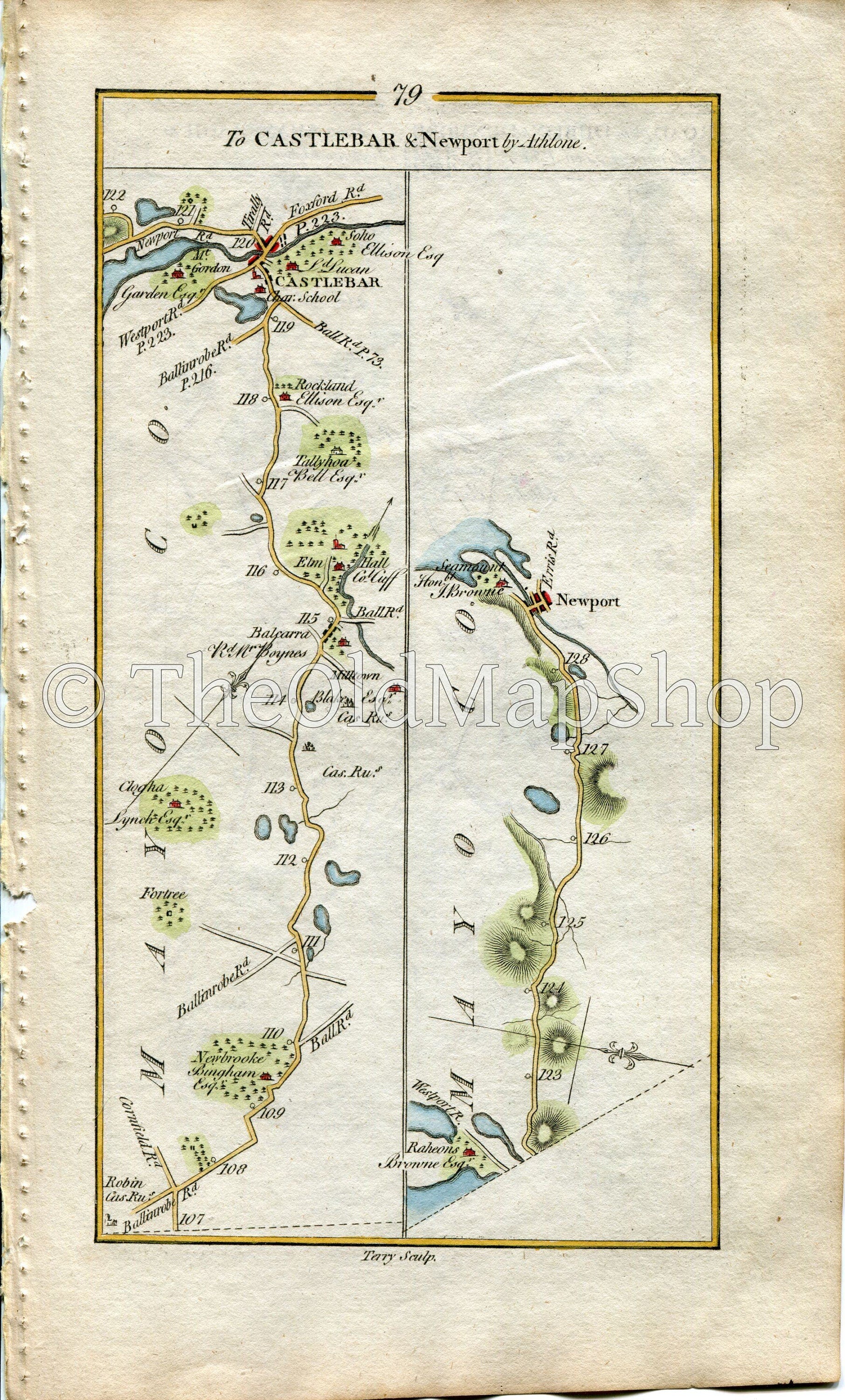 1778 Taylor & Skinner Antique Ireland Road Map 79/80 Ballycarra Elmhall Castlebar Newport Newforest Dunmore Ahascragh Caltra Newtown Bellew