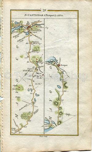 1778 Taylor & Skinner Antique Ireland Road Map 79/80 Ballycarra Elmhall Castlebar Newport Newforest Dunmore Ahascragh Caltra Newtown Bellew