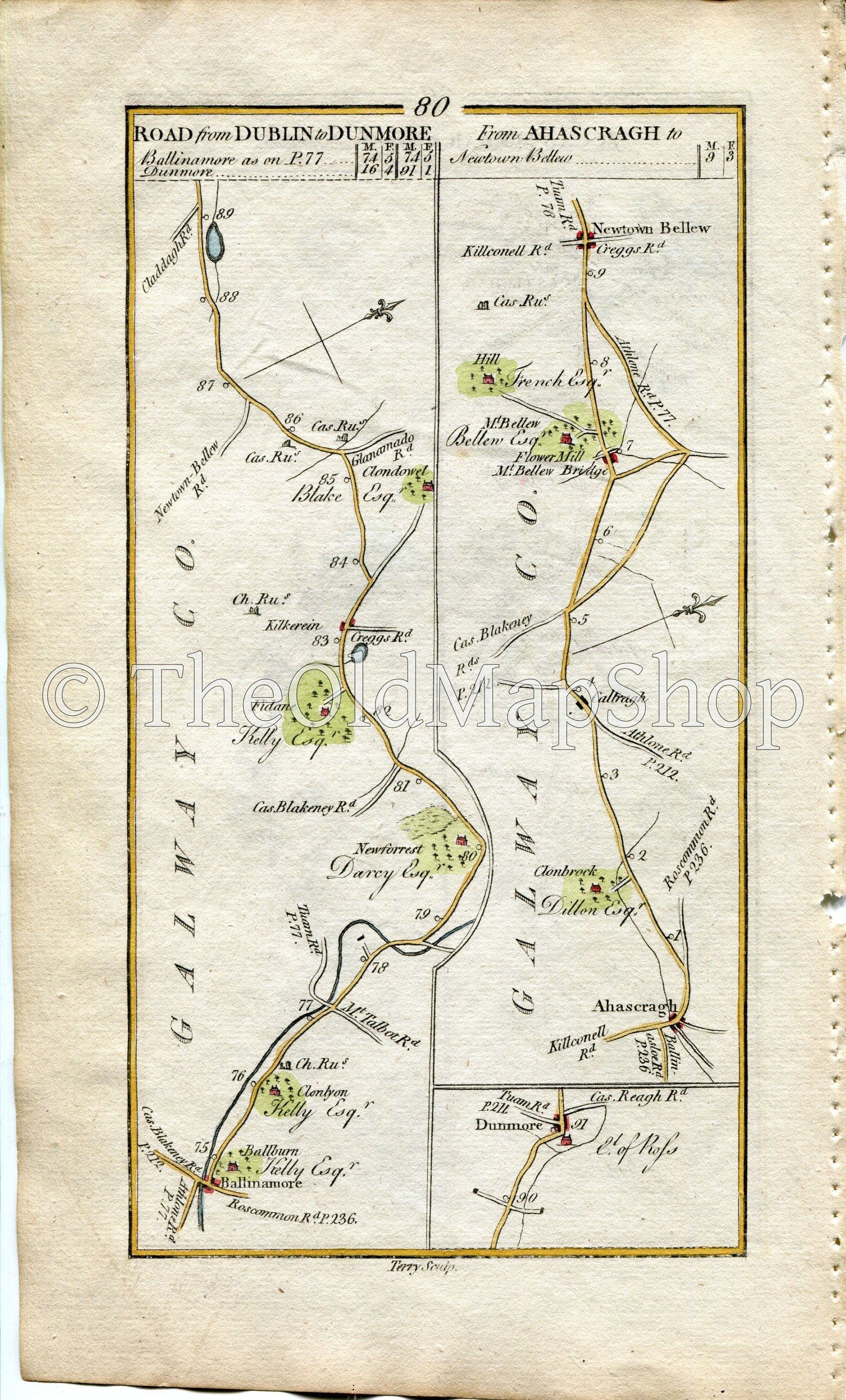 1778 Taylor & Skinner Antique Ireland Road Map 79/80 Ballycarra Elmhall Castlebar Newport Newforest Dunmore Ahascragh Caltra Newtown Bellew