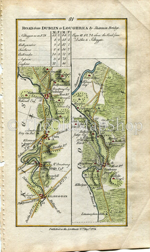 1778 Taylor & Skinner Antique Ireland Road Map 81/82 Clara Kilbeggan Ballycumber Ferbane Belmont Shannonbridge Ballinasloe Aughrim Loughrea