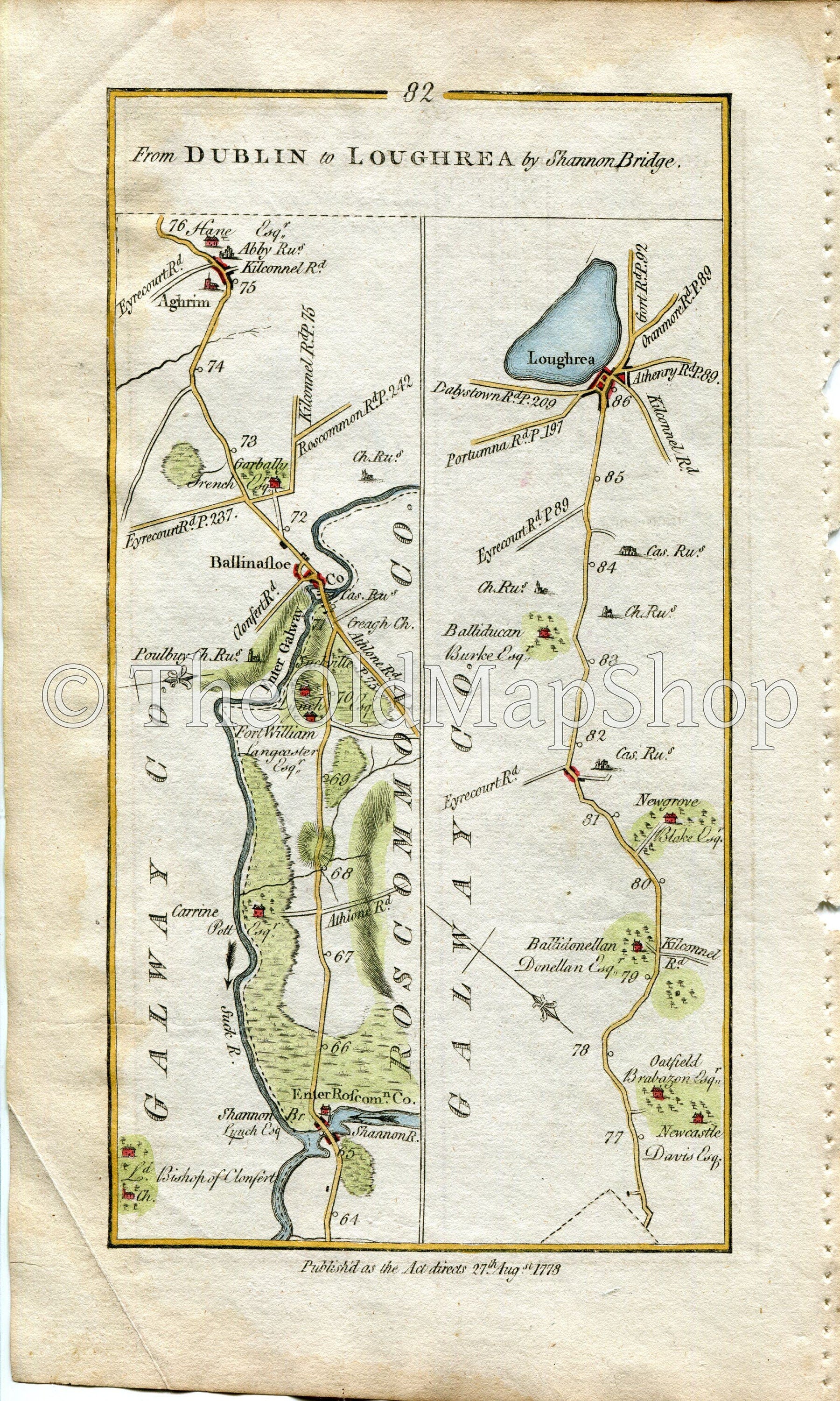 1778 Taylor & Skinner Antique Ireland Road Map 81/82 Clara Kilbeggan Ballycumber Ferbane Belmont Shannonbridge Ballinasloe Aughrim Loughrea