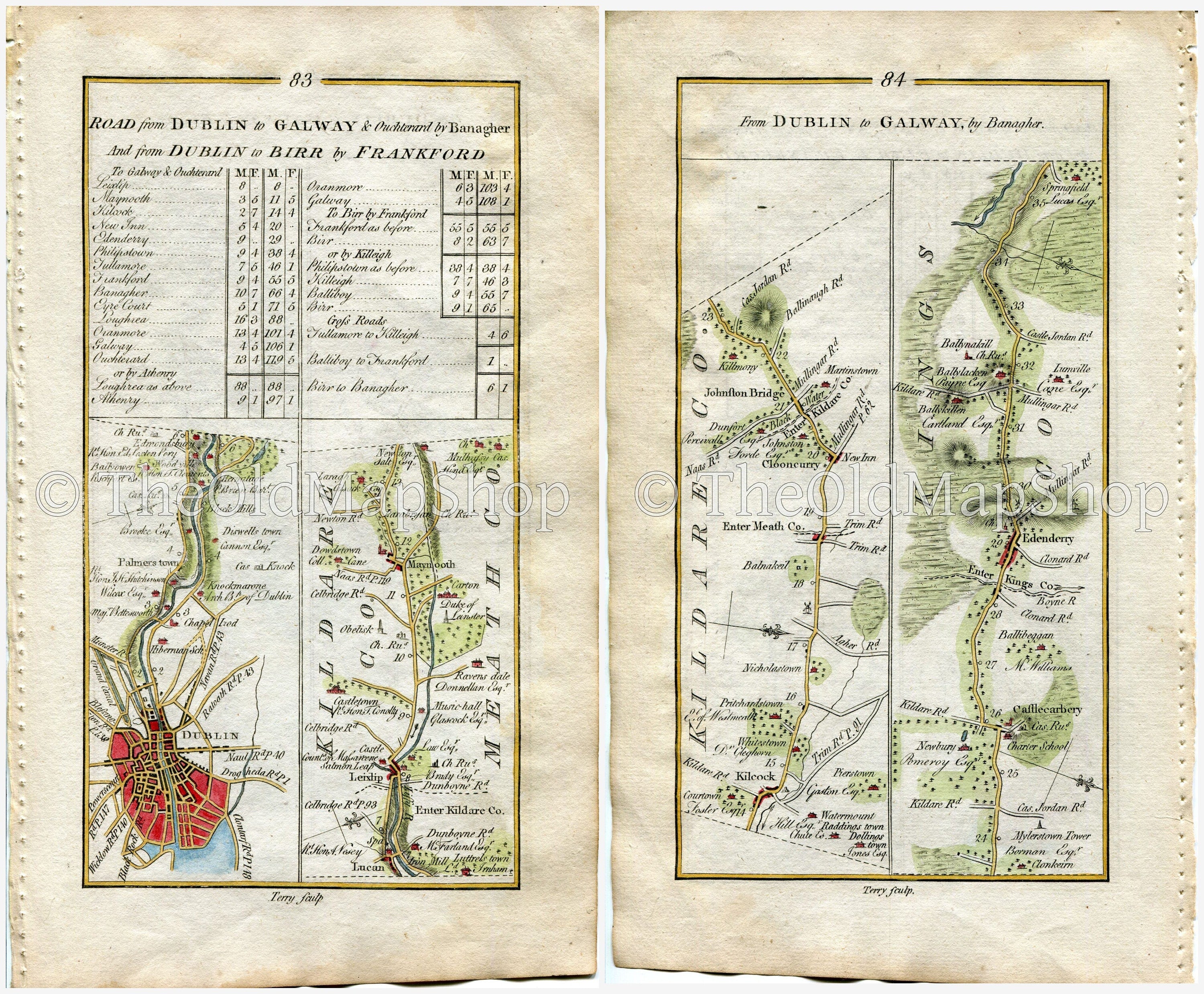 1778 Taylor & Skinner Ireland Road Map Antique 83/84 Palmerstown Dublin Lucan Maynooth Kilcock Cloncurry Johnstown Bridge Carbury Edenderry