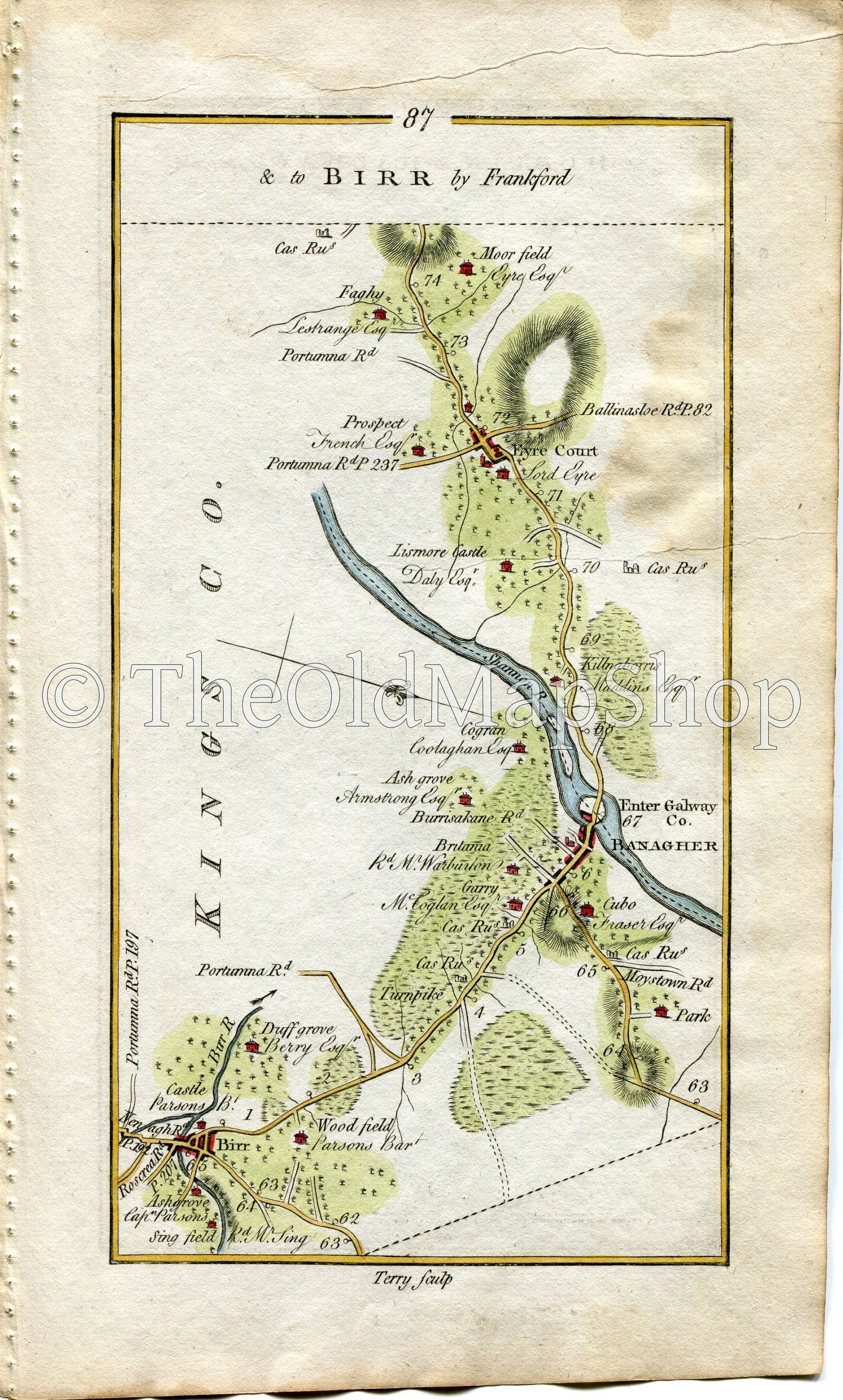 1778 Taylor & Skinner Antique Ireland Road Map 87/88 Banagher Birr Kilnaborris Eyrecourt Killmor Hearnsbrook Ramore, County Galway, Offaly