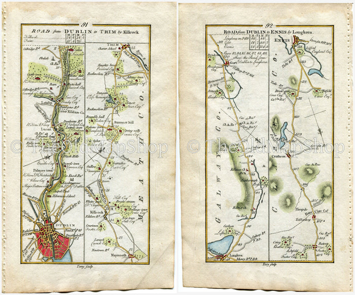 1778 Taylor & Skinner Antique Ireland Road Map 91/92 Dublin Lucan Leixlip Maynooth Kilcock Summerhill Trim Loughrea Tubber Crusheen Ennis