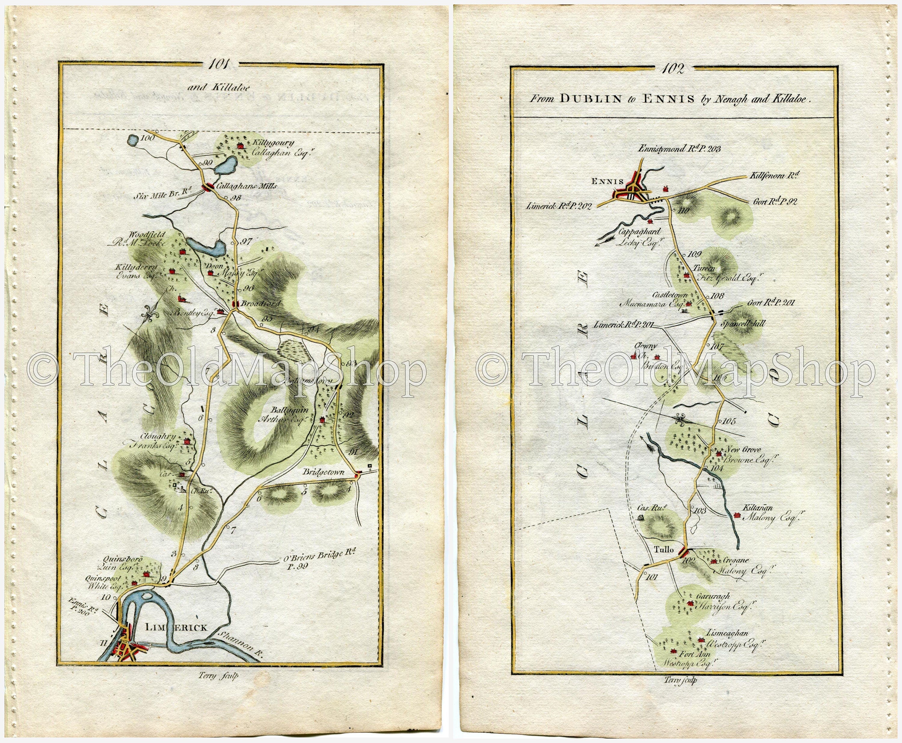 1778 Taylor & Skinner Antique Ireland Road Map 101/102 Limerick Bridgetown Broadford O'Callaghansmills Tulla Spancihill Ennis Clare