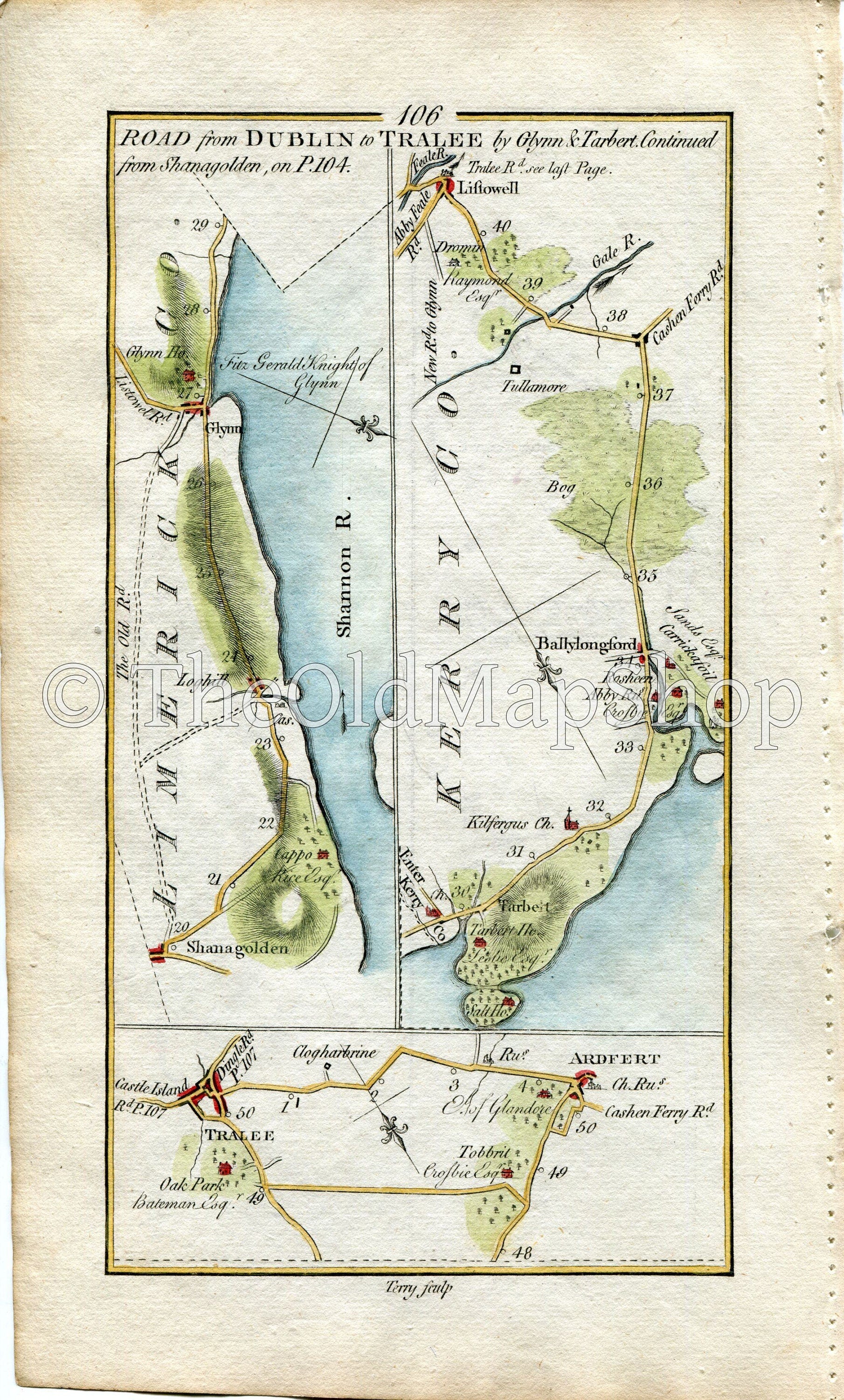 1778 Taylor & Skinner Antique Ireland Road Map 105/106 Coolnakenny Abbeyfeale Kilmorna Drumquin Listowel Lixnaw Kilflynn Abbeydorney Tralee