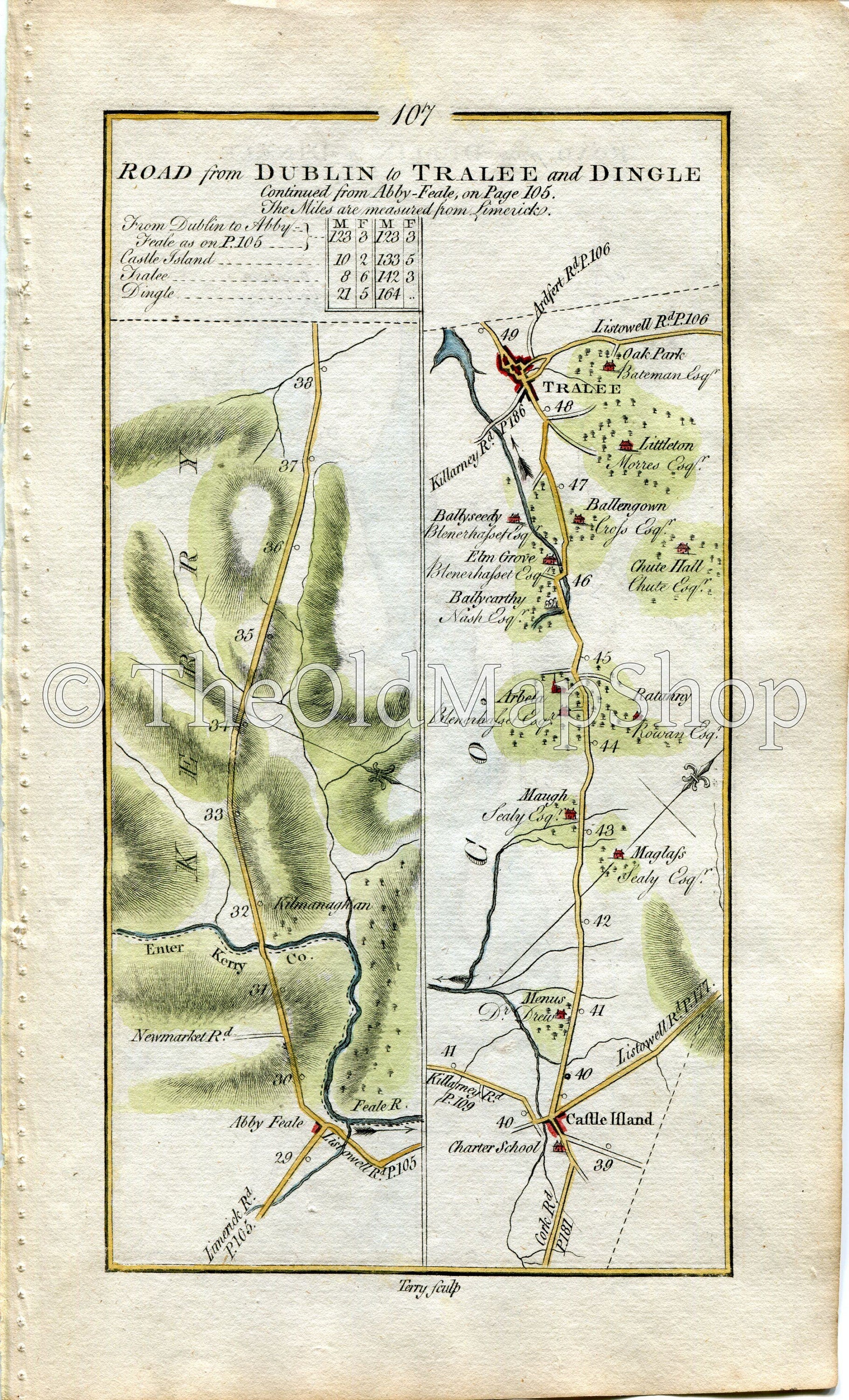 1778 Taylor & Skinner Antique Ireland Road Map 107/108 Abbeyfeale Castleisland Ballyseede Tralee Derrymore Kilgobbin Lispole Brackluin