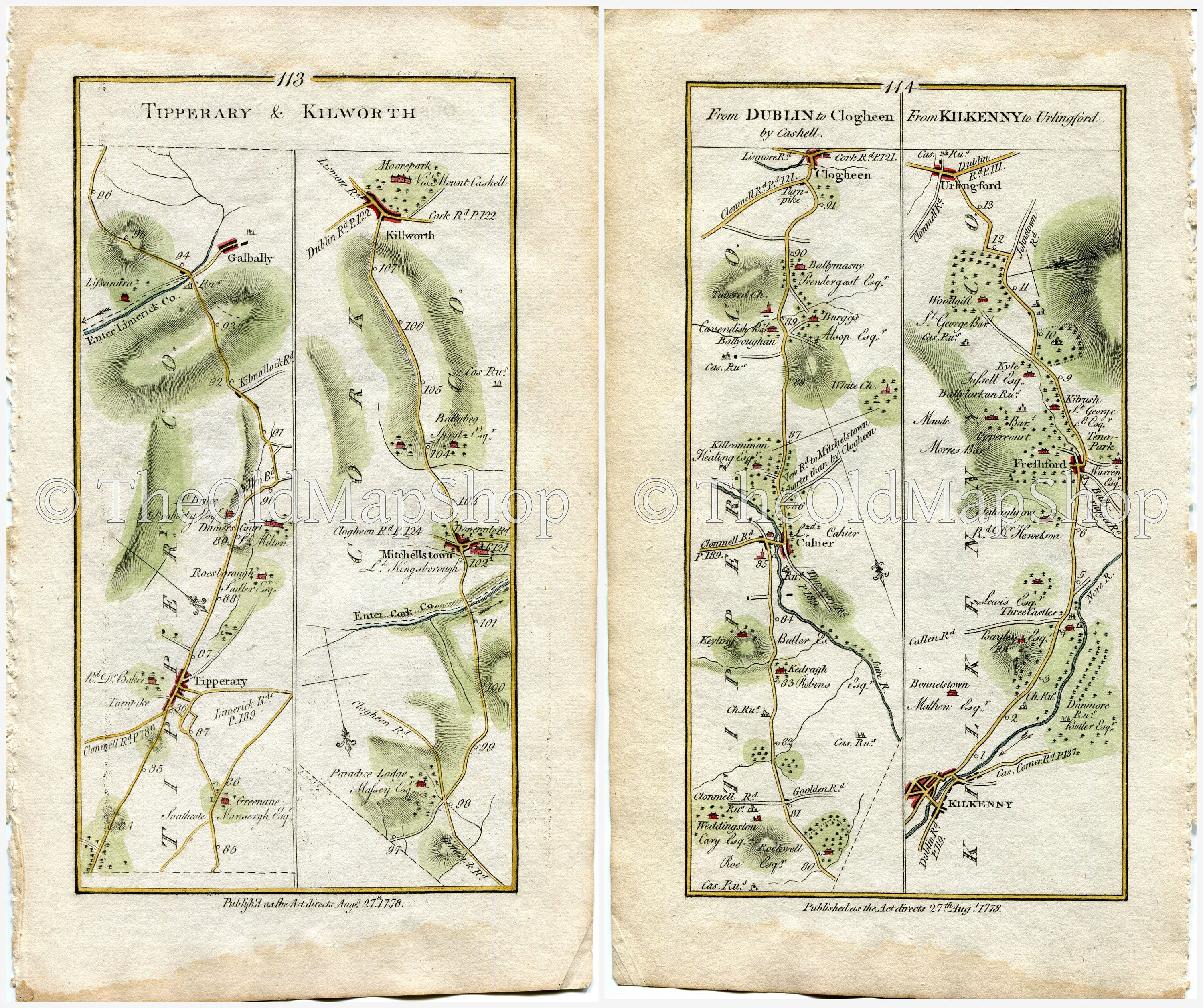 1778 Taylor & Skinner Antique Ireland Road Map 113/114 Mitchelstown Galbally Kilworth Clogheen Freshford Urlingford Tipperary Kilkenny Cork