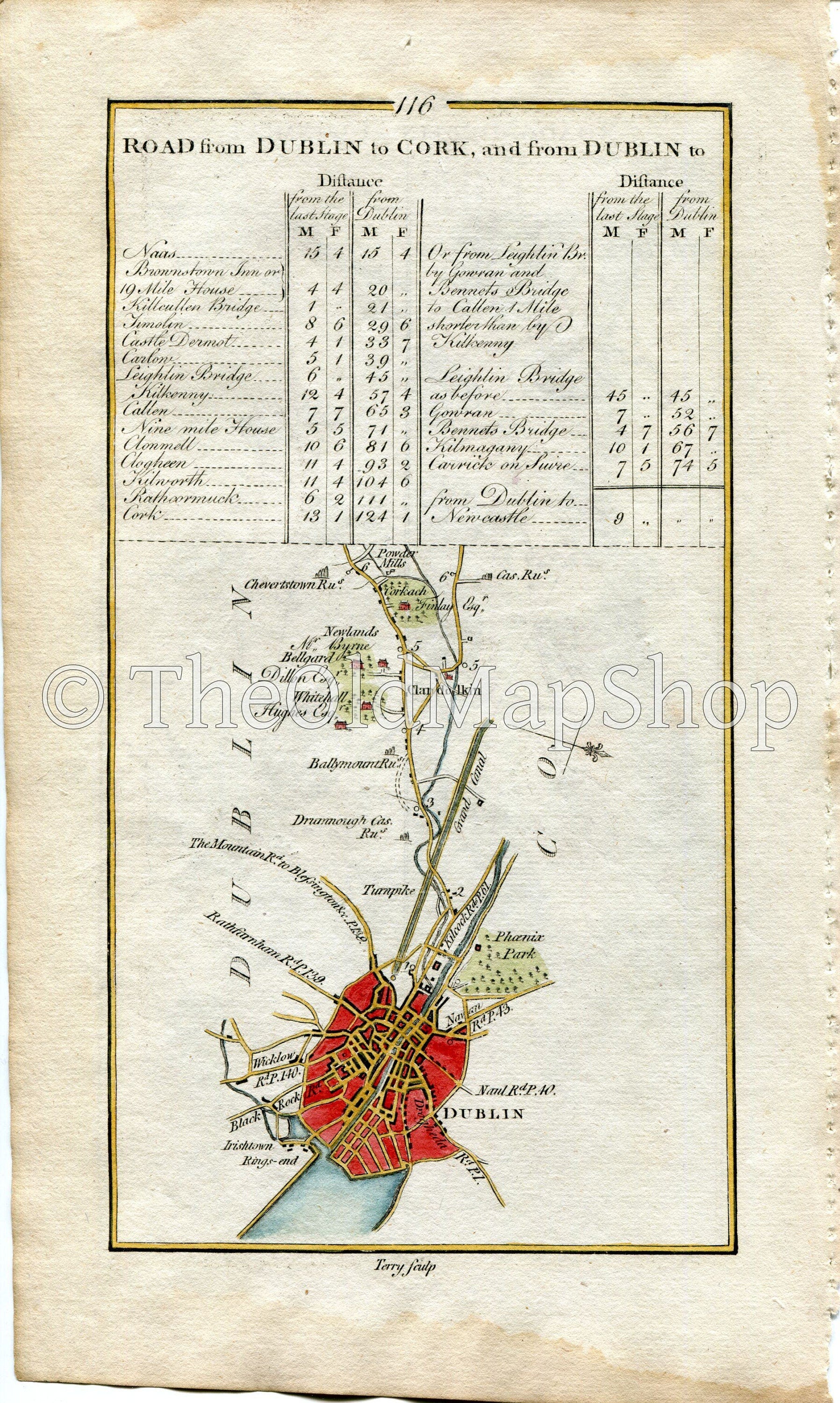 1778 Taylor & Skinner Antique Ireland Road Map 115/116 Urlingford Kilcooley Killenaule Fethard Clonmel Dublin Clondalkin Tipperary
