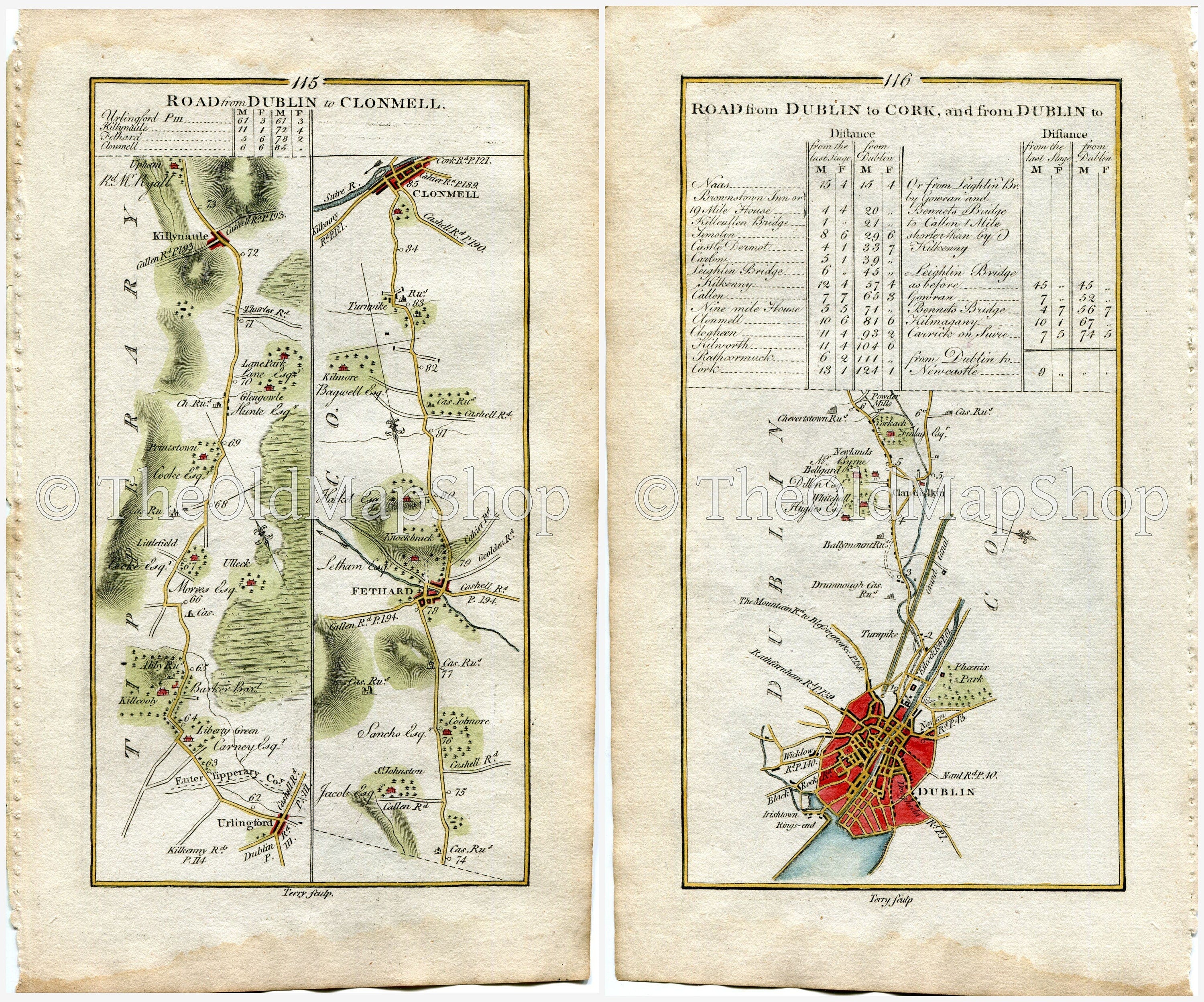 1778 Taylor & Skinner Antique Ireland Road Map 115/116 Urlingford Kilcooley Killenaule Fethard Clonmel Dublin Clondalkin Tipperary