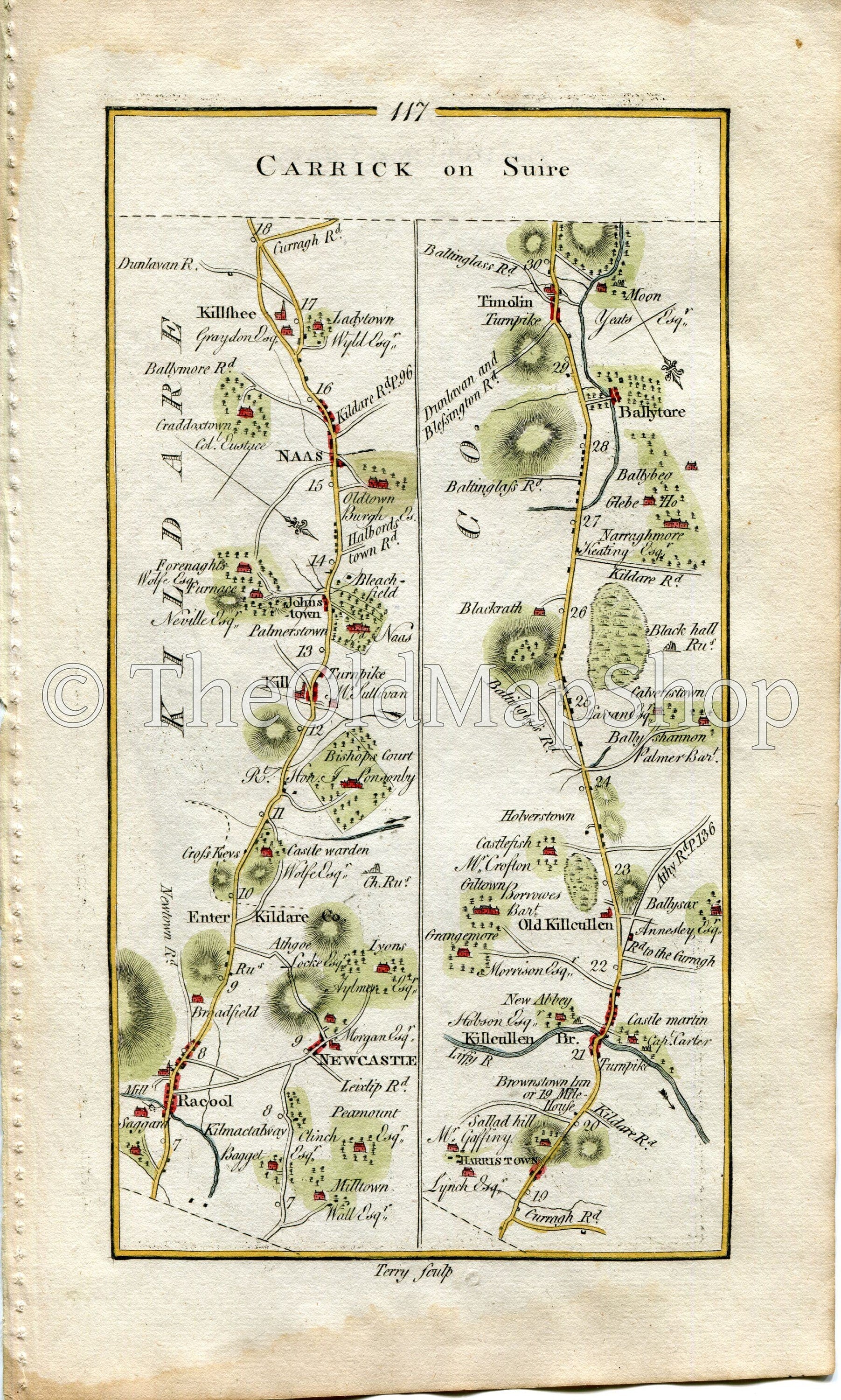 1778 Taylor & Skinner Antique Ireland Road Map 117/118 Newcastle Kill Johnstown Rathcoole Naas Killashee Kilcullen Moone Castledermot Carlow