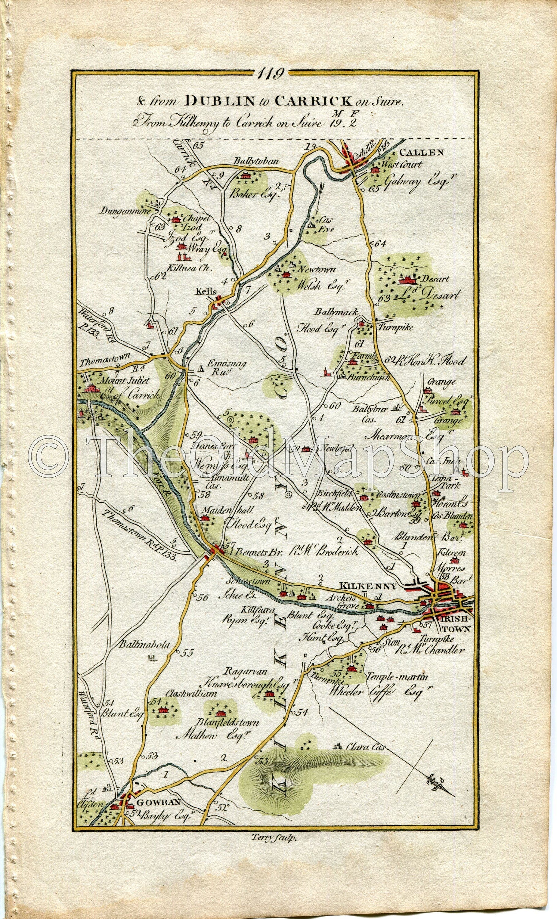1778 Taylor & Skinner Antique Ireland Road Map 119/120 Gowran Irishtown Bennettsbridge Kells Ballypatrick Tipperary Waterford Kilkenny