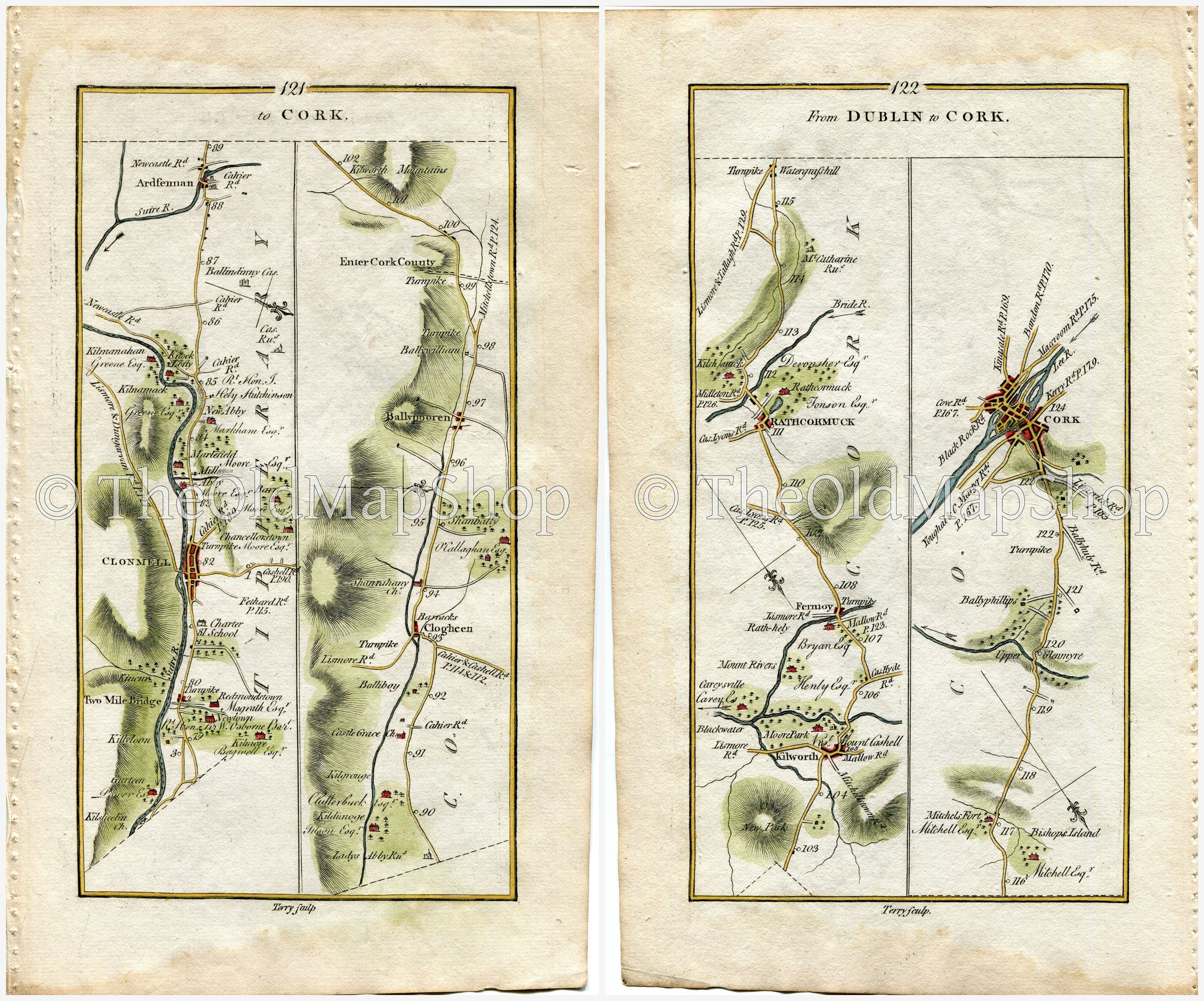 1778 Taylor & Skinner Antique Ireland Road Map 121/122 Ballyboy Clonmel Clogheen Ballyporeen Fermoy Rathcormac Glanmire Cork Tipperary