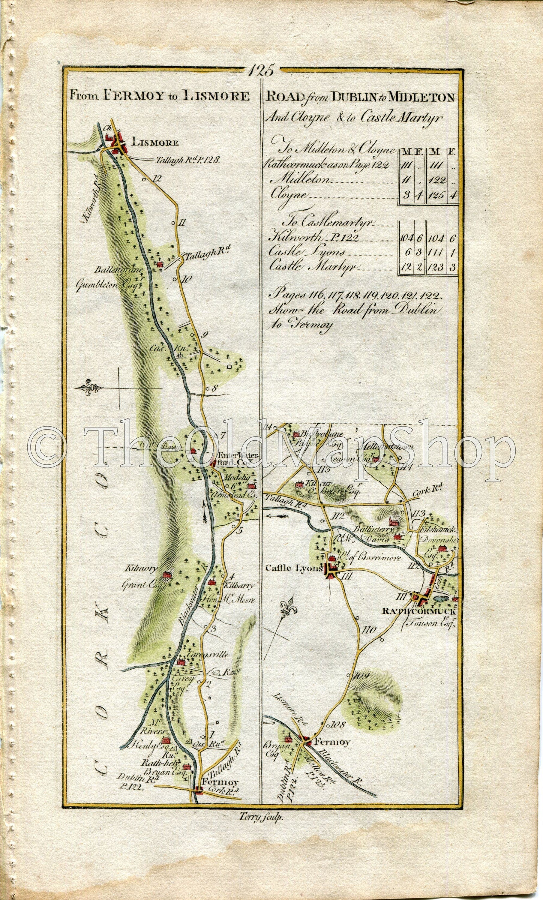 1778 Taylor & Skinner Antique Ireland Road Map 125/126 Fermoy Kilmurry Lismore Rathcormac Castlelyons Castlemartyr Cloyne Dungourney Cork