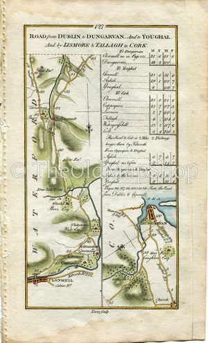1778 Taylor & Skinner Antique Ireland Road Map 127/128 Clonmel Ballynamult Dungarvan Lismore Cappoquin Aglish Clashmore Youghal Waterford