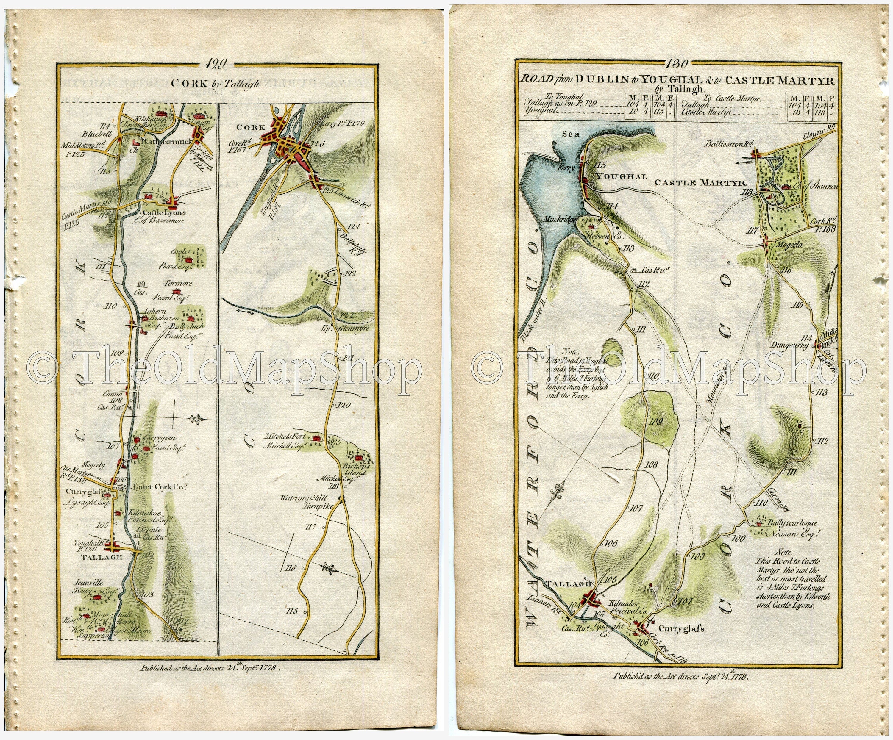 1778 Taylor & Skinner Antique Ireland Road Map 129/130 Tallow Curraglass Aghern Castlelyons Rathcormac Watergrasshill Youghal Waterford Cork