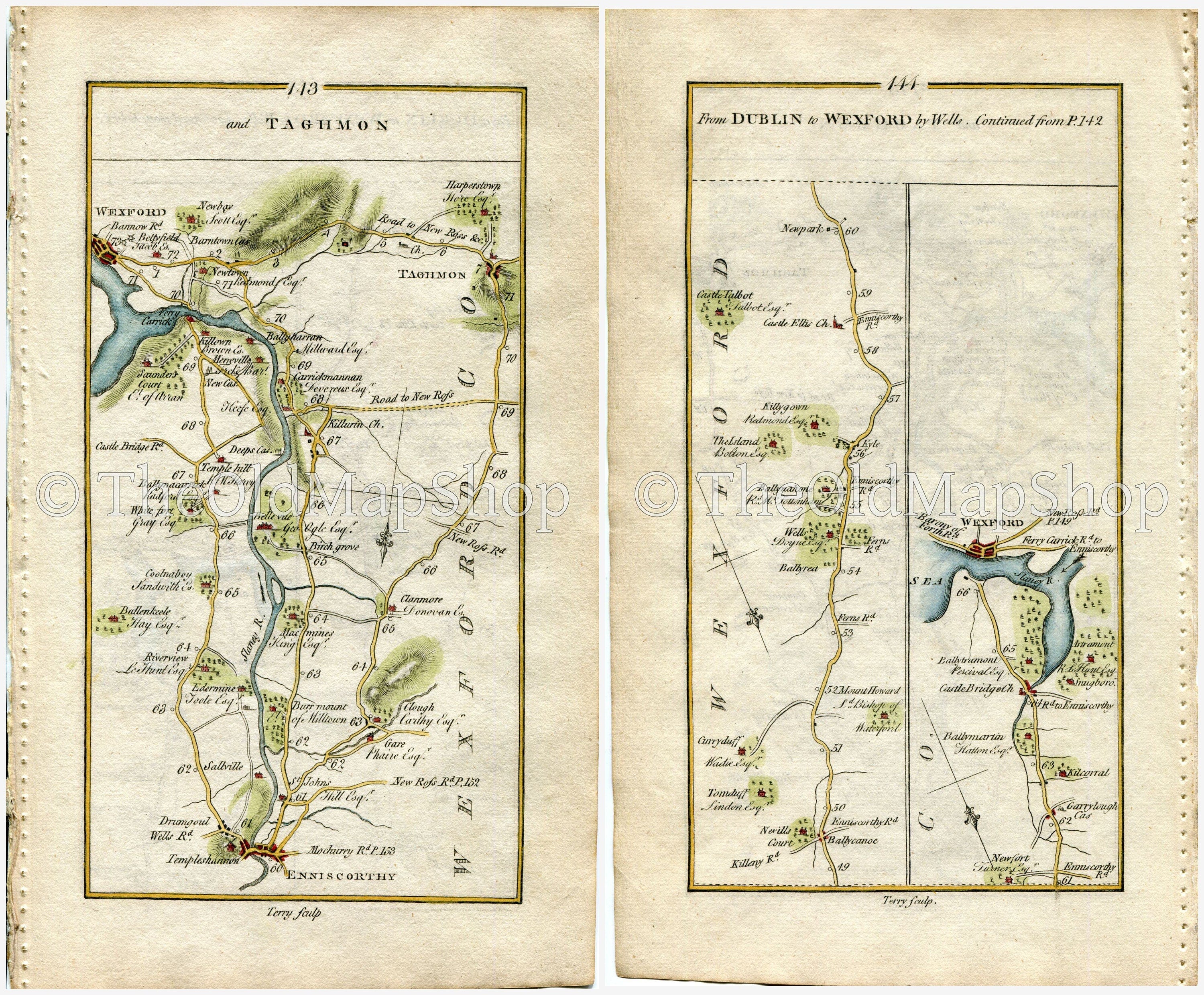 1778 Taylor & Skinner Antique Ireland Road Map 143/144 Enniscorthy Macmine Ballyharran Taghmon Castlebridge Castlellis Ballyrea Wexford