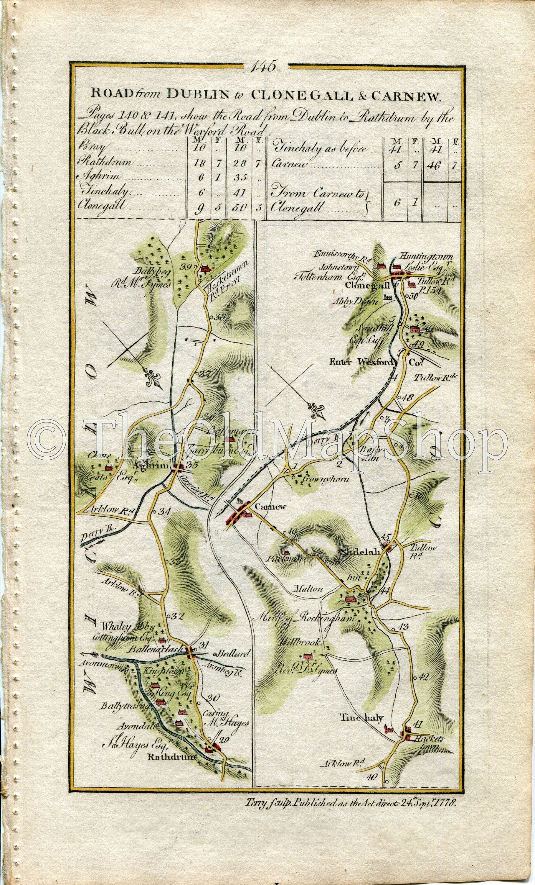 1778 Taylor & Skinner Antique Ireland Road Map 145/146 Aughrim Rathdrum Ballybeg Tinahely Shillelagh Ballybeg Carnew Gorey Wicklow Wexford