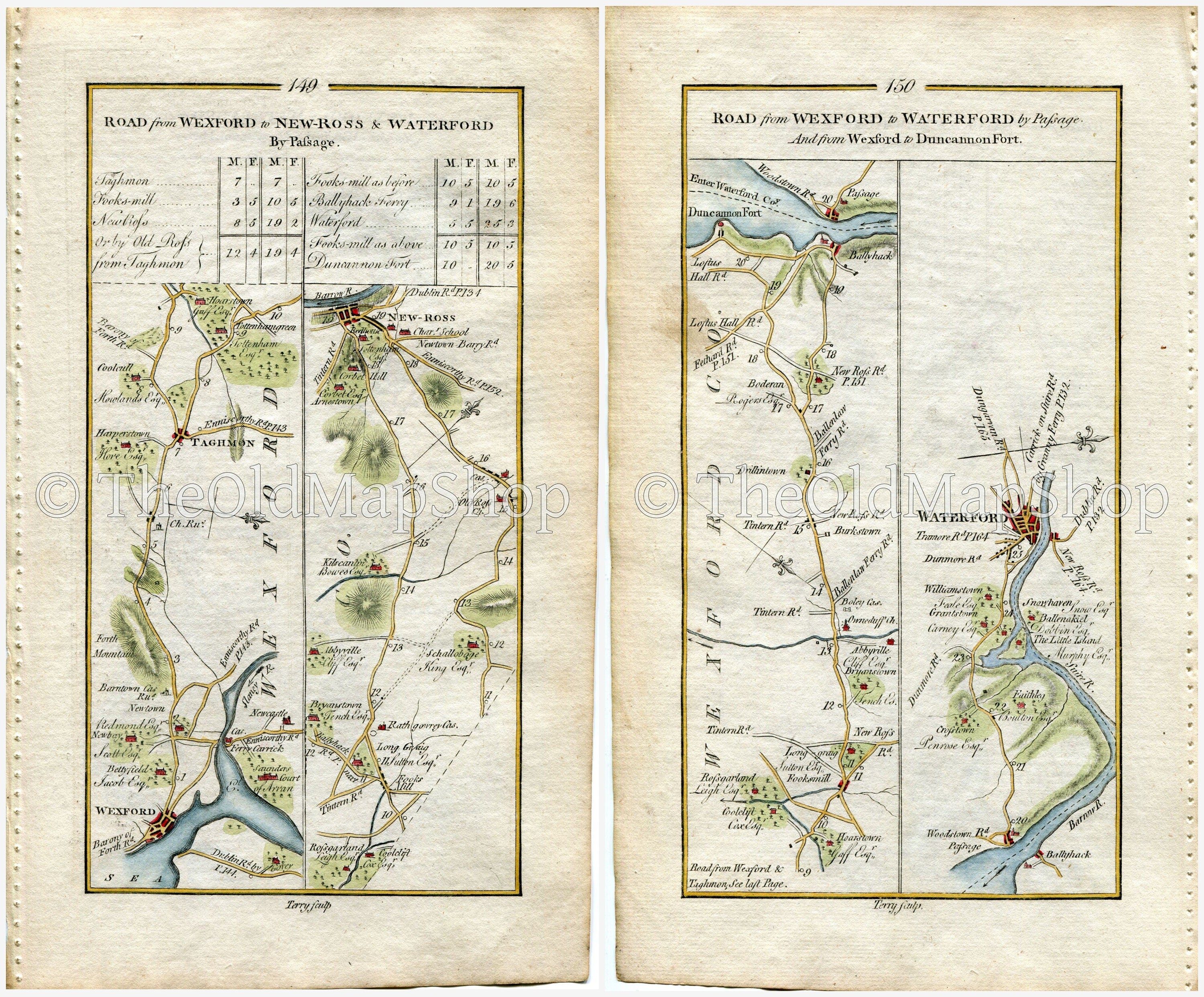 1778 Taylor & Skinner Antique Ireland Road Map 149/150 Taghmon Coolcull Foulksmills Duncannon Burkestown Wexford Waterford New Ross Horetown
