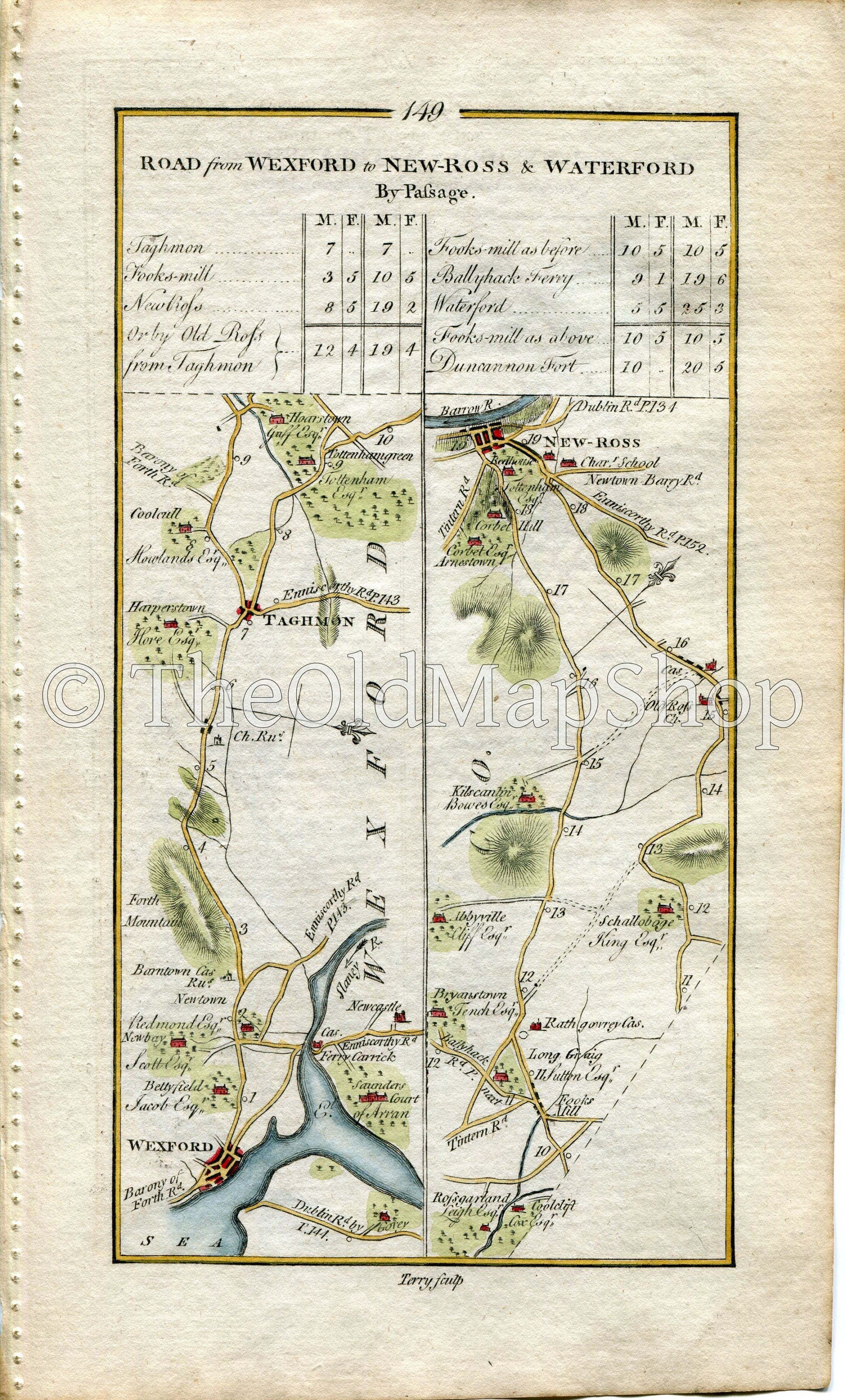 1778 Taylor & Skinner Antique Ireland Road Map 149/150 Taghmon Coolcull Foulksmills Duncannon Burkestown Wexford Waterford New Ross Horetown