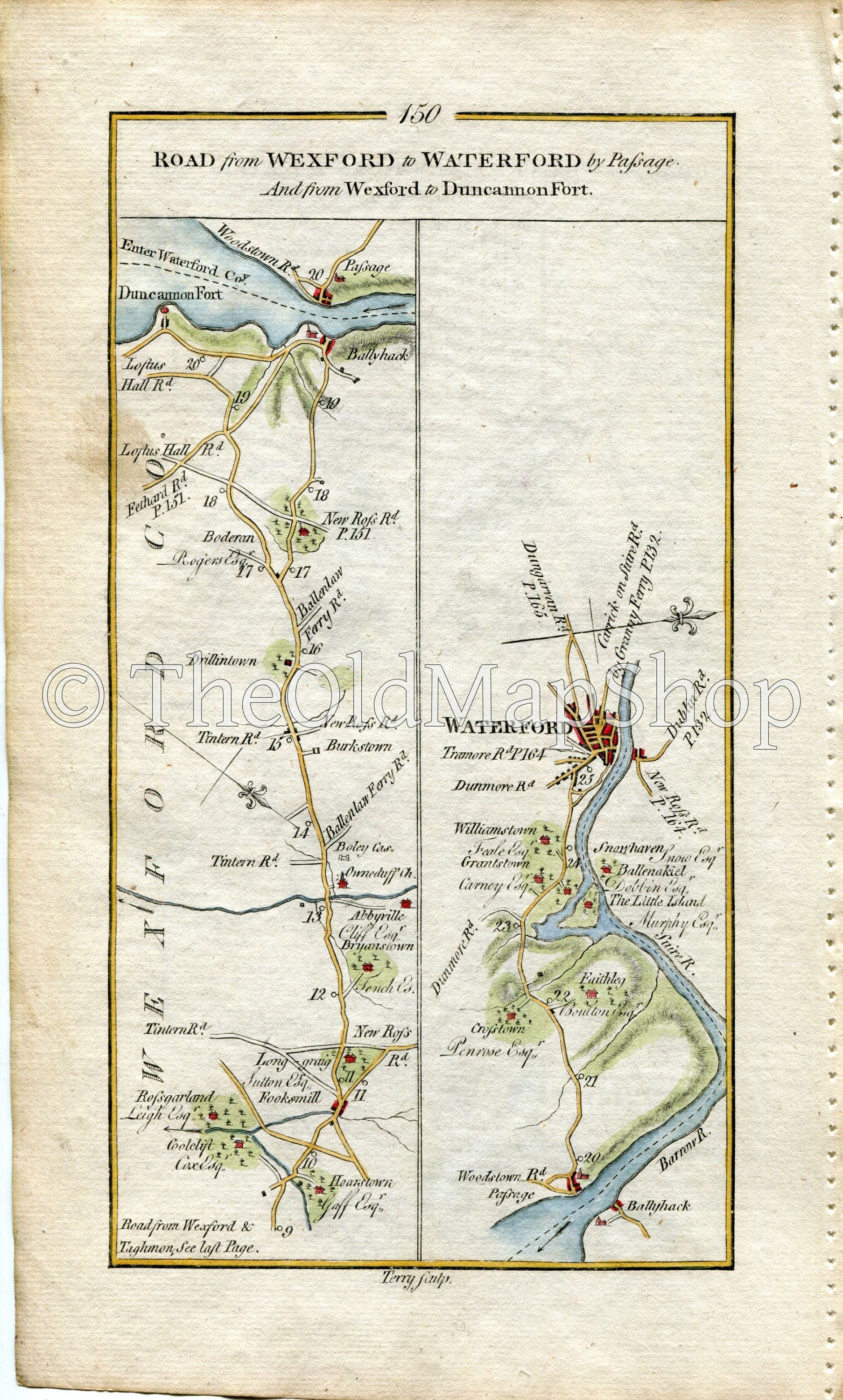 1778 Taylor & Skinner Antique Ireland Road Map 149/150 Taghmon Coolcull Foulksmills Duncannon Burkestown Wexford Waterford New Ross Horetown