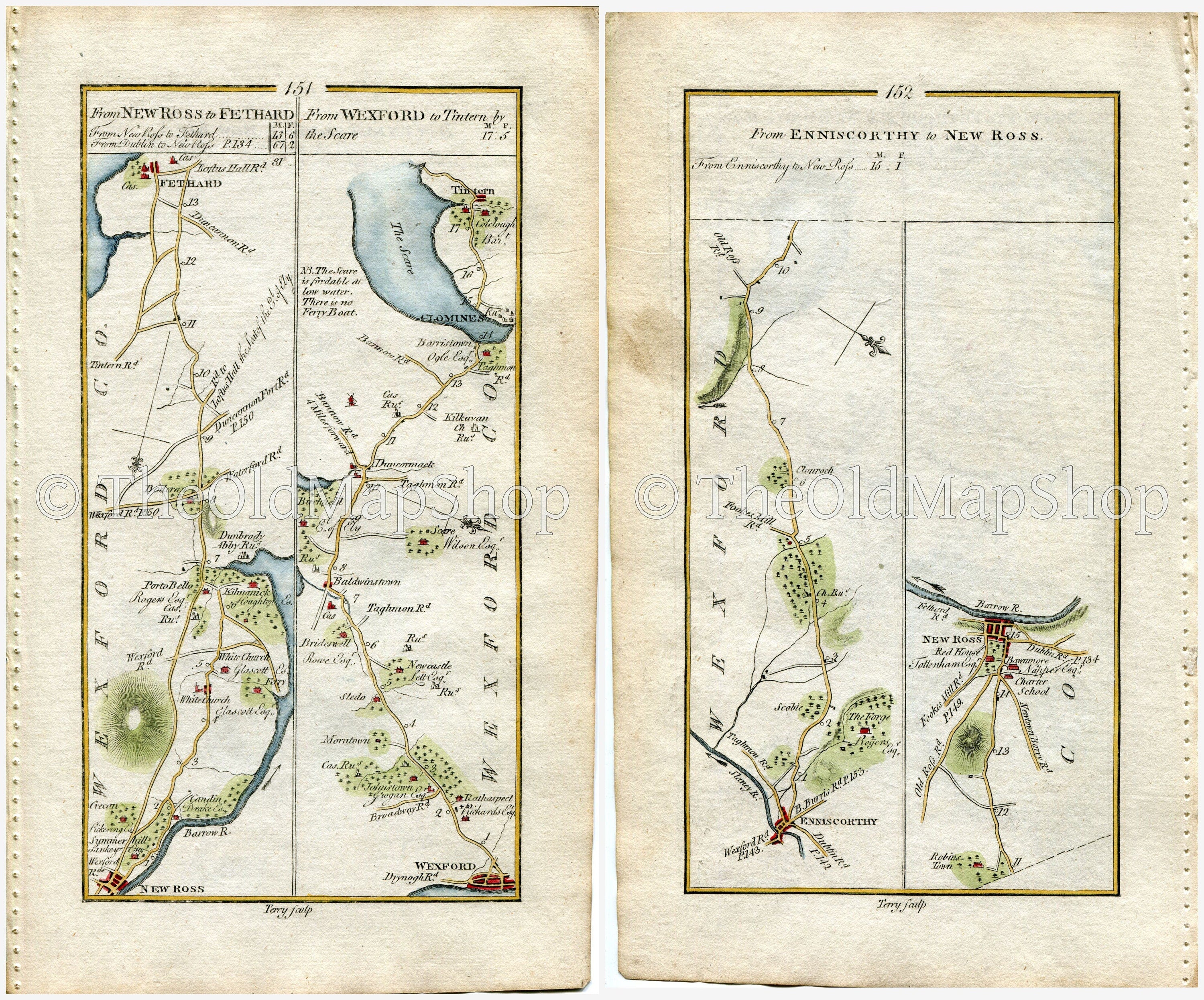 1778 Taylor & Skinner Antique Ireland Road Map 151/152 Portobello Fethard Wexford Duncormick Clonmines Tintern Enniscorthy Clonroche Wexford