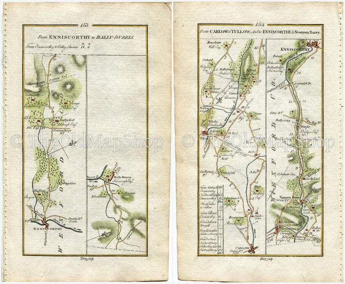1778 Taylor & Skinner Antique Ireland Road Map 153/154 Enniscorthy Borris Carlow Moyle Castlemore Tullow Clonegall Kildavin Ryland Wexford