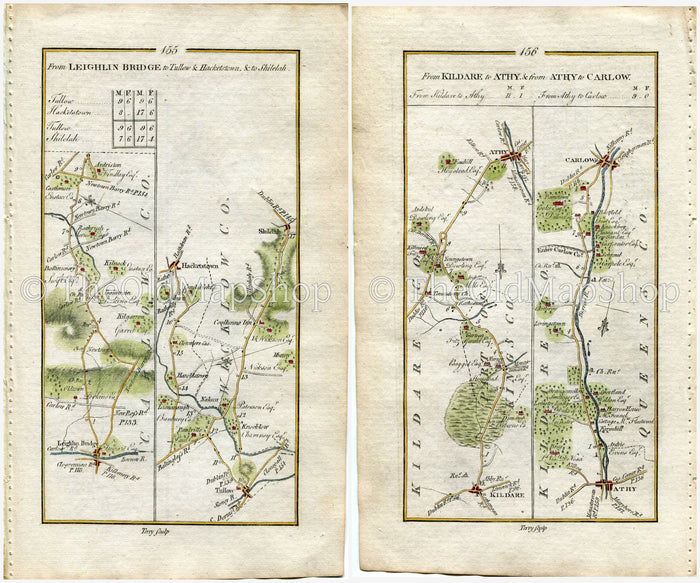 1778 Taylor & Skinner Antique Ireland Road Map 155/156 Kilnock Ardristan Tullow Kildare Athy Bestfield Carlow Wicklow Kildare Laois Offaly