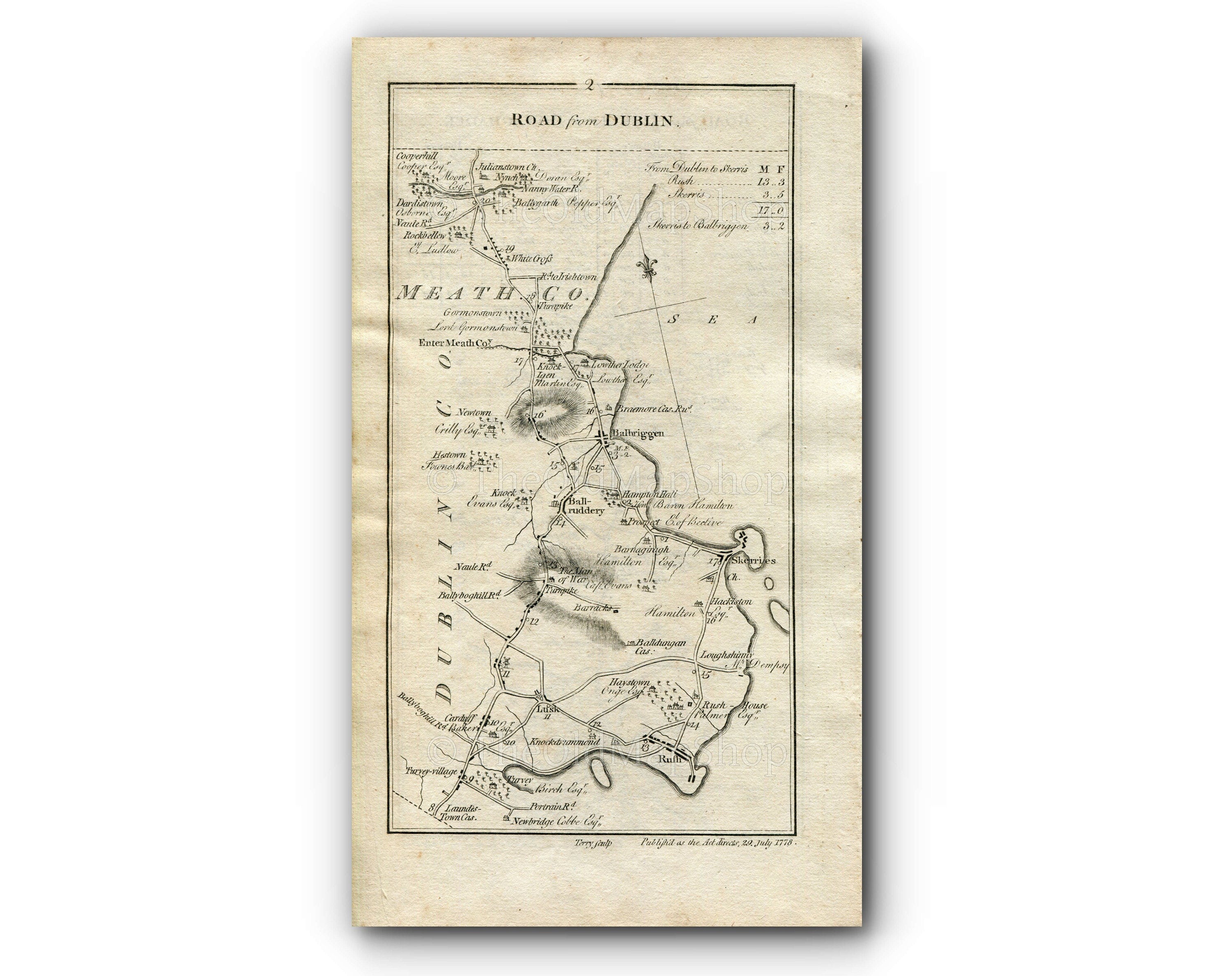 1778 Taylor & Skinner Antique Ireland Road Map 1/2 Dublin Swords Lusk Skerries Knock Balrothery Balbriggan Knocknagin Julianstown Dardistown