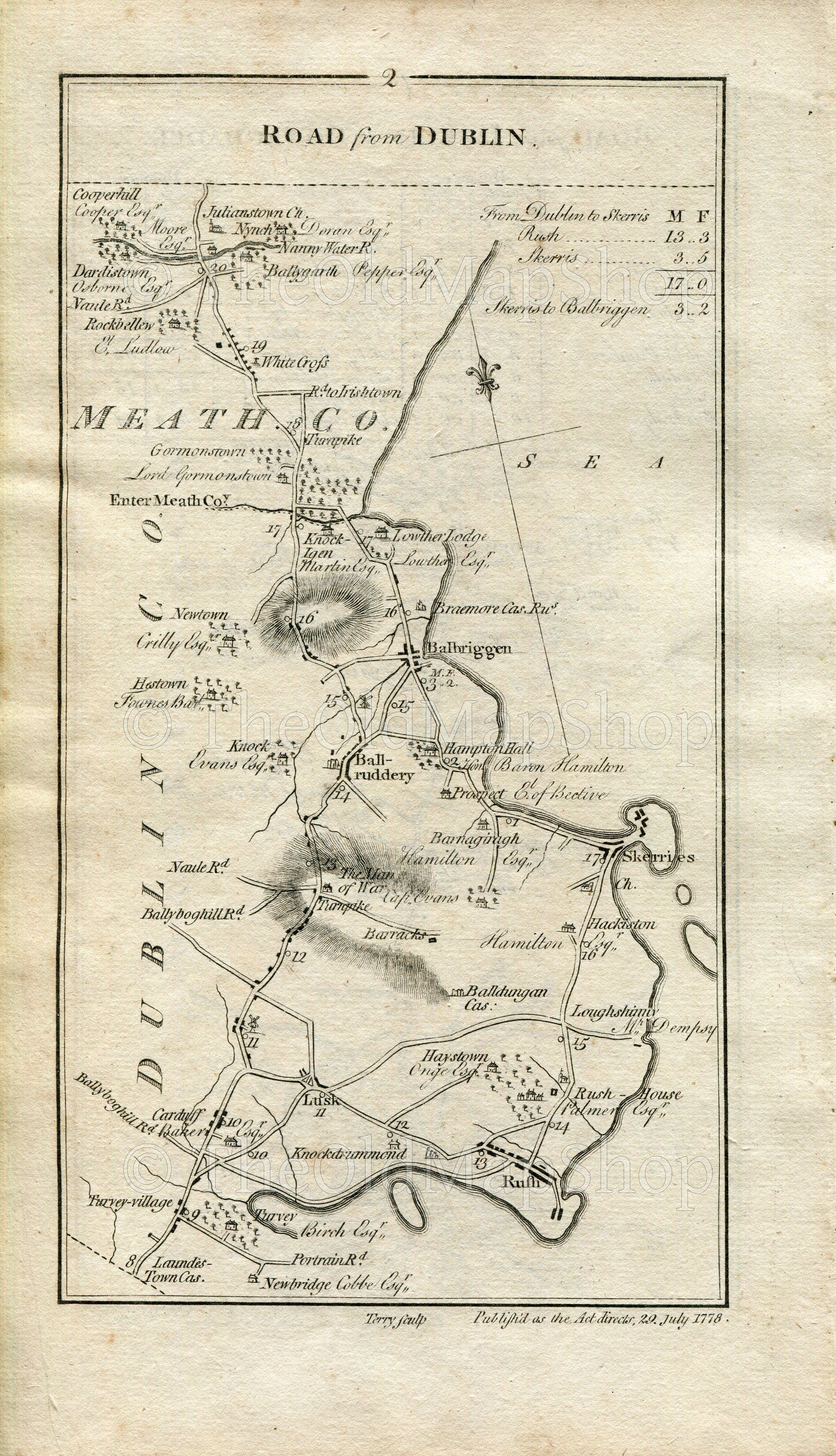 1778 Taylor & Skinner Antique Ireland Road Map 1/2 Dublin Swords Lusk Skerries Knock Balrothery Balbriggan Knocknagin Julianstown Dardistown