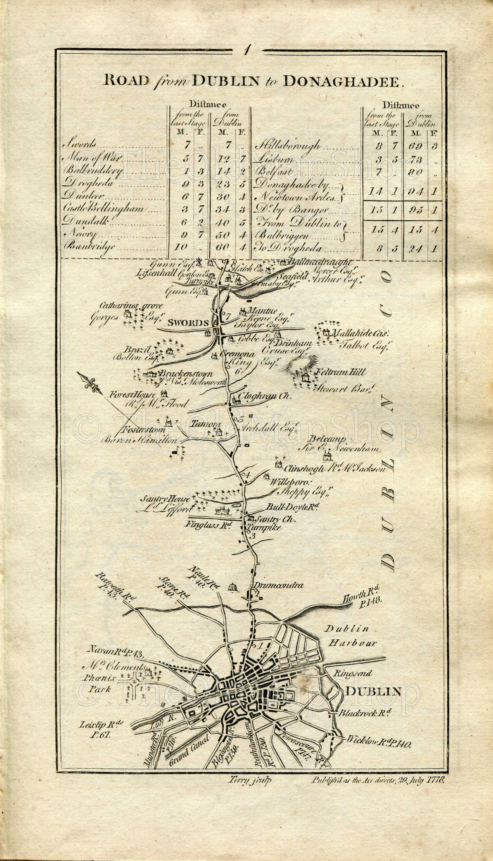 1778 Taylor & Skinner Antique Ireland Road Map 1/2 Dublin Swords Lusk Skerries Knock Balrothery Balbriggan Knocknagin Julianstown Dardistown