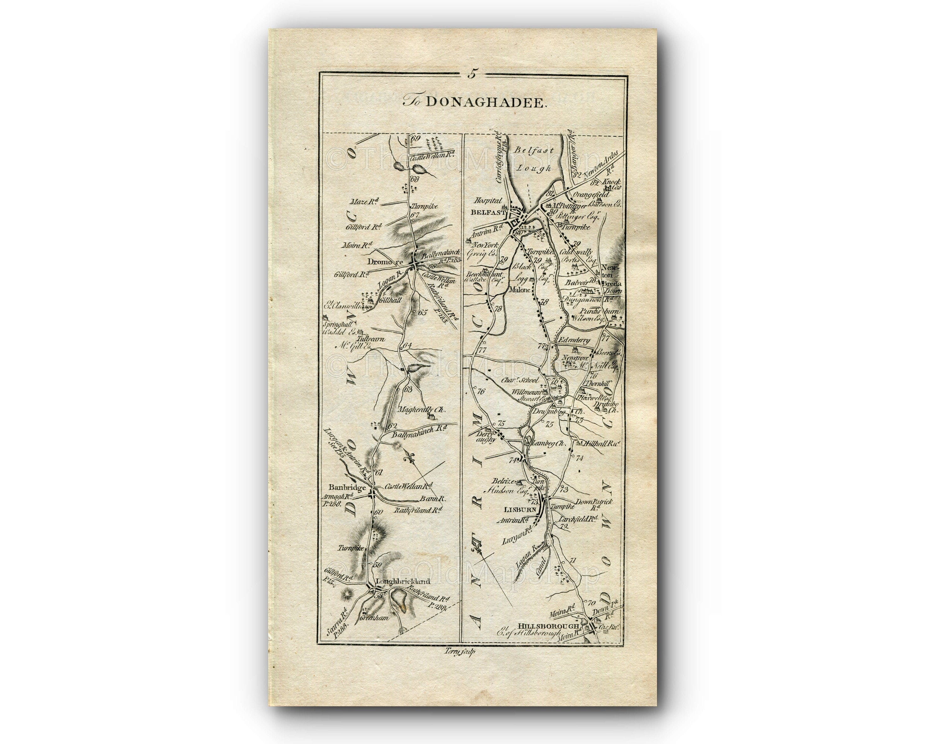1778 Taylor & Skinner Antique Ireland Road Map 5/6 Banbridge, Dromore Lisburn Dunmurry Belfast Holywood Cultra Bangor Dundonald Newtownards