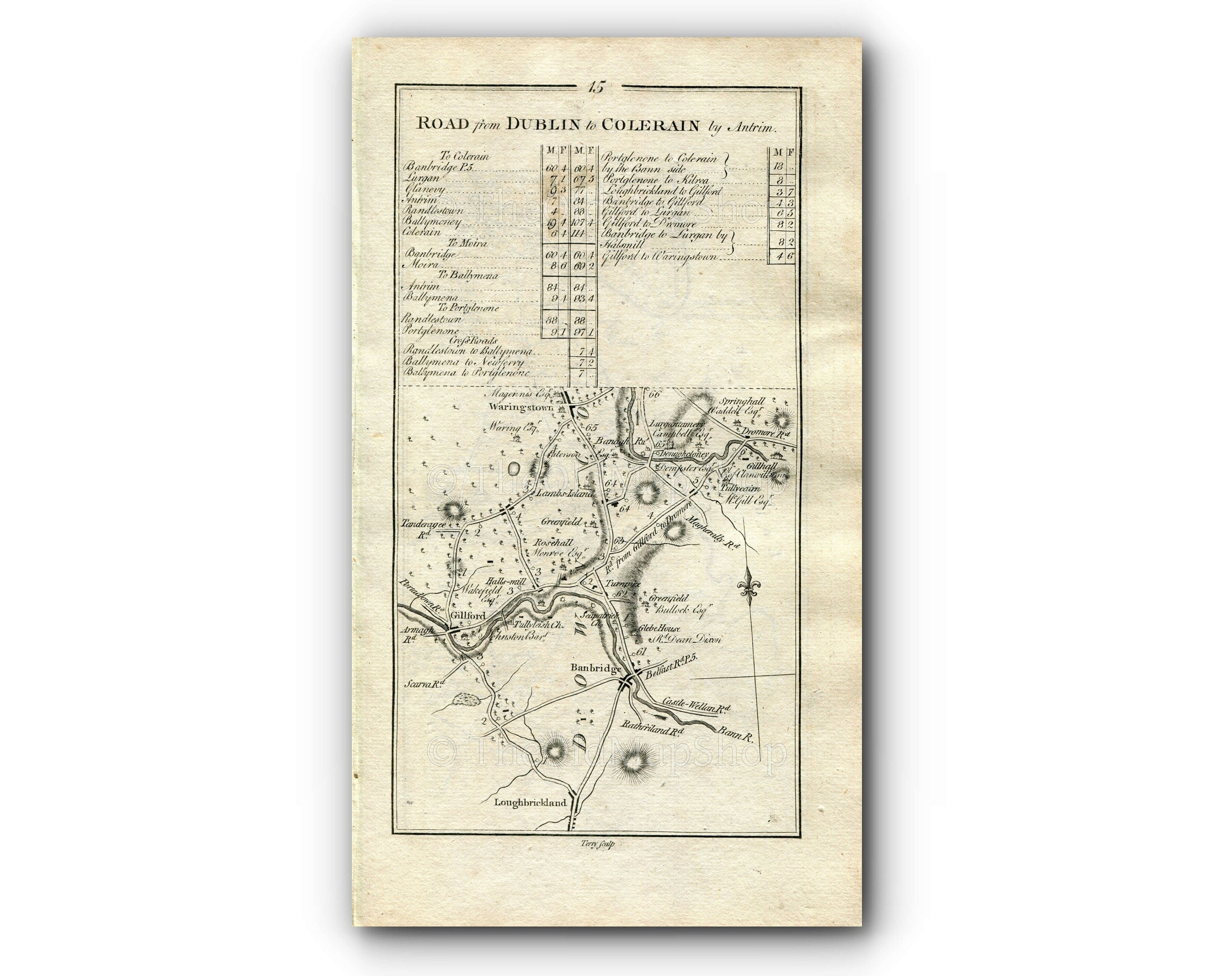 1778 Taylor & Skinner Antique Ireland Road Map 15/16 Waringstown Donaghcloney Lurgan Magheralin Moira Aghagallon Aghalee Ballinderry Crumlin