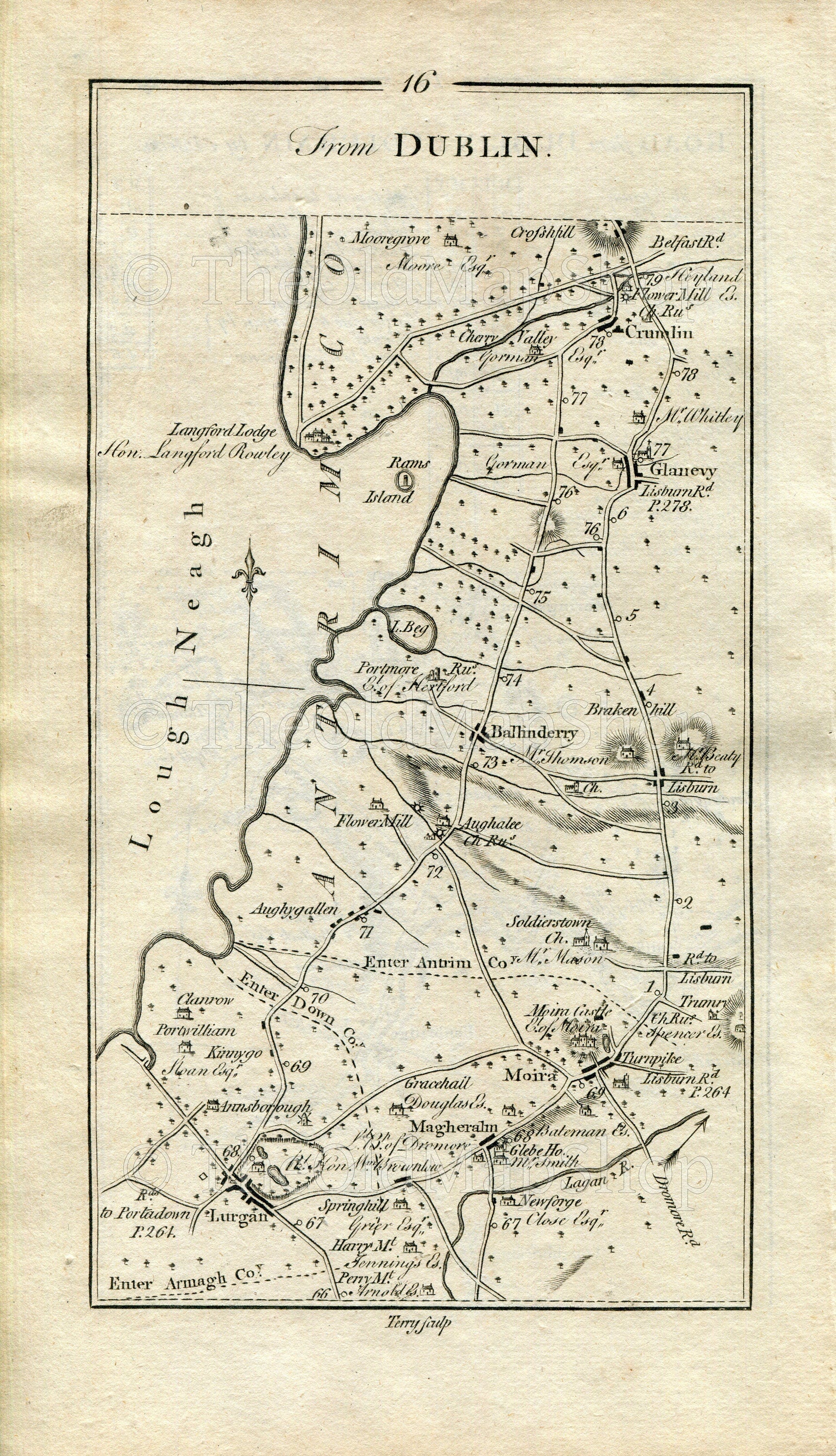 1778 Taylor & Skinner Antique Ireland Road Map 15/16 Waringstown Donaghcloney Lurgan Magheralin Moira Aghagallon Aghalee Ballinderry Crumlin